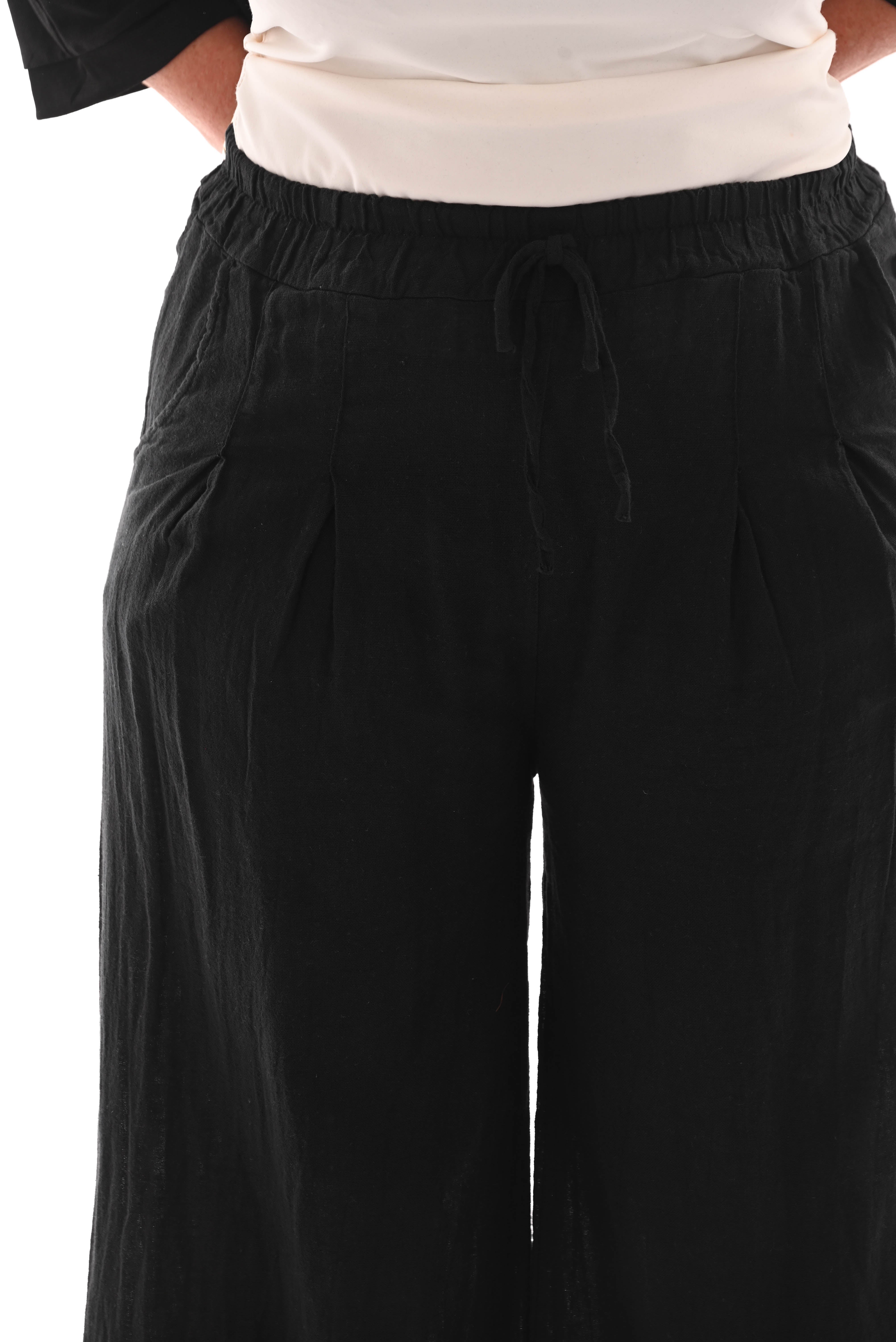 Wijde broek linnen gemeleerd zwart