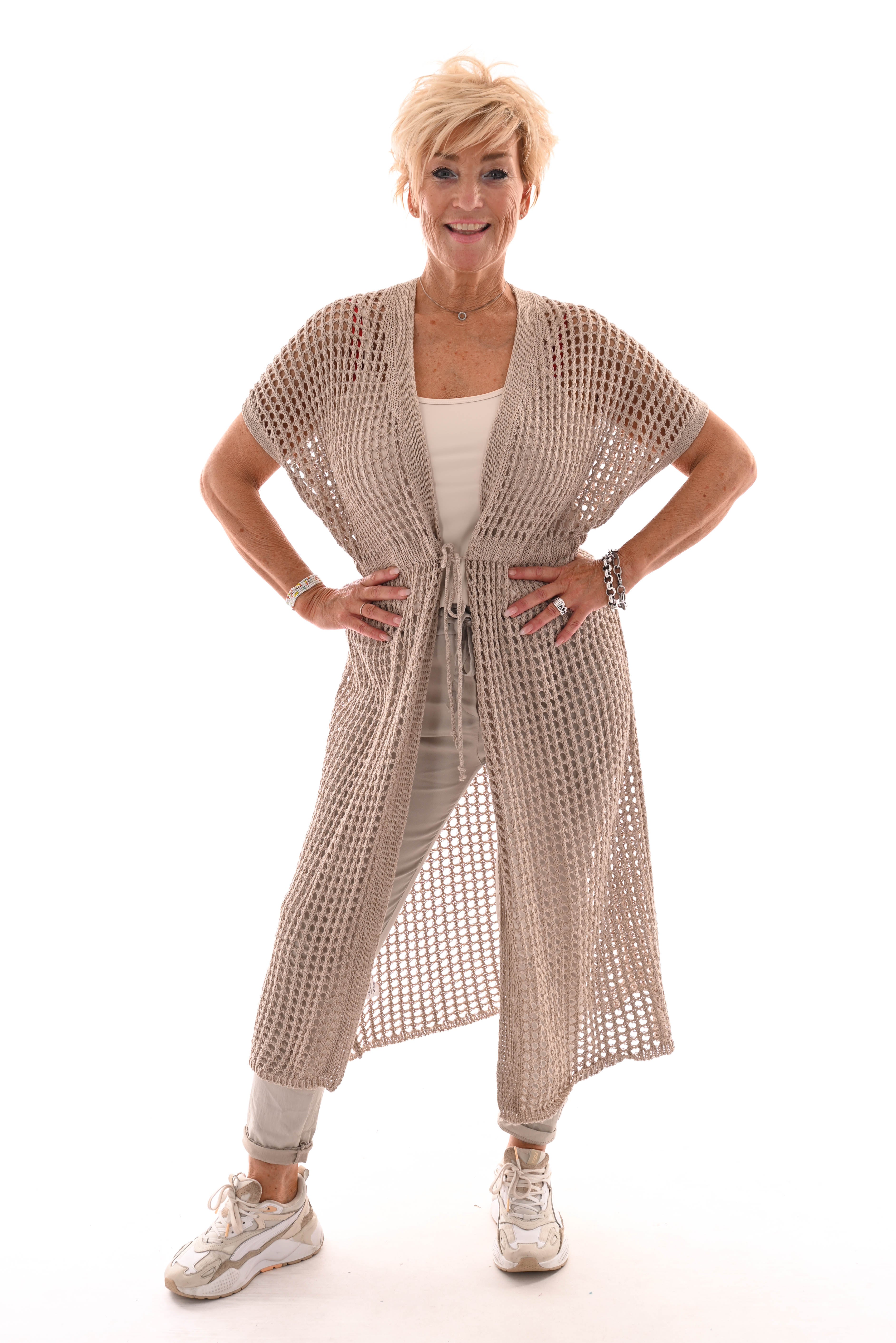 Lang  opengehaakt vest met aantrekkoord beige