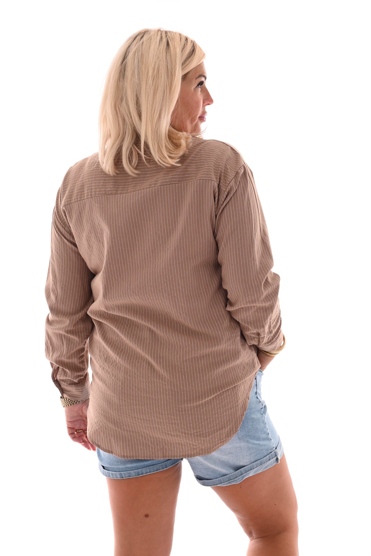 Blouse gestreept applicatie lichtbruin