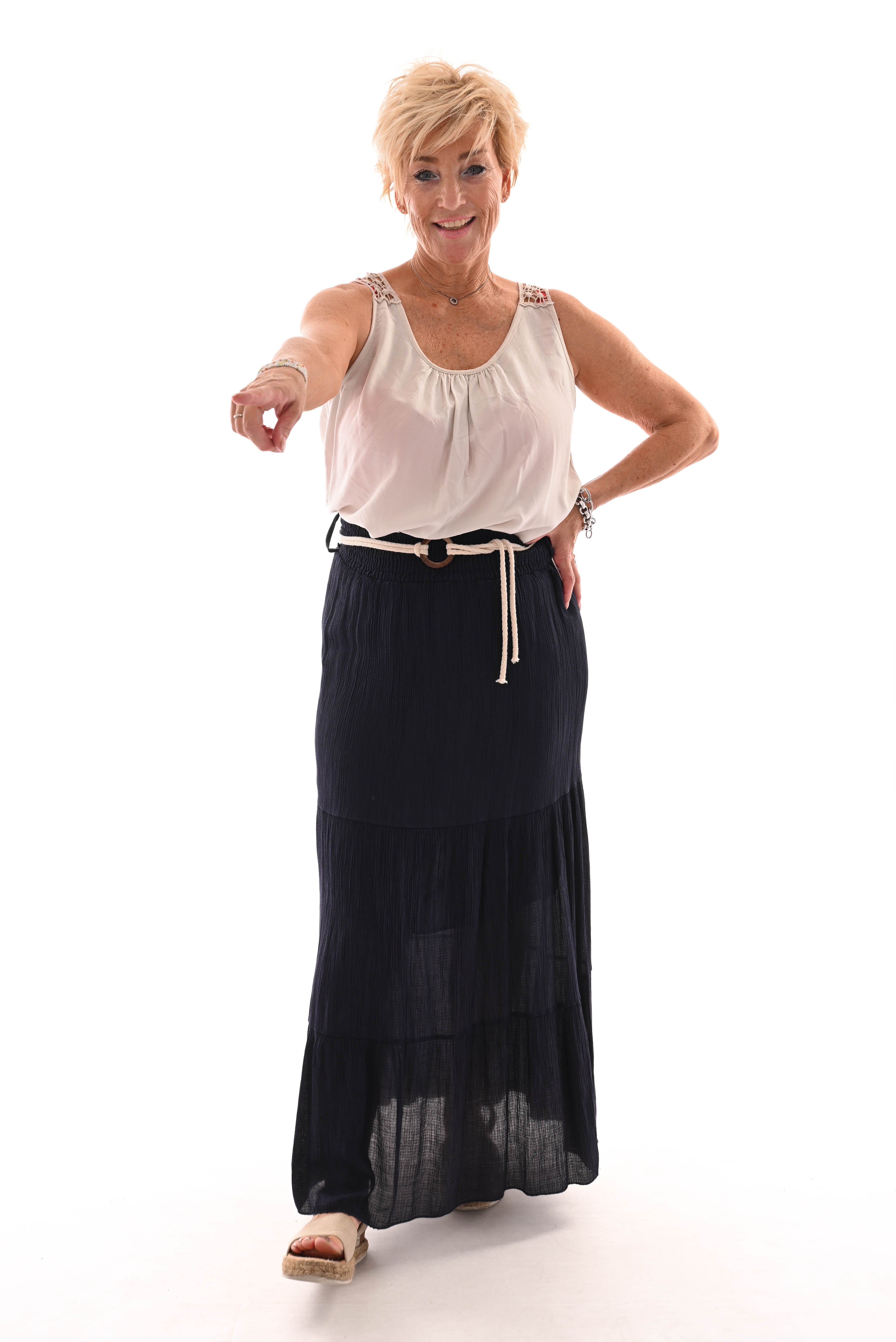 Lange wafel rok met stroken marineblauw