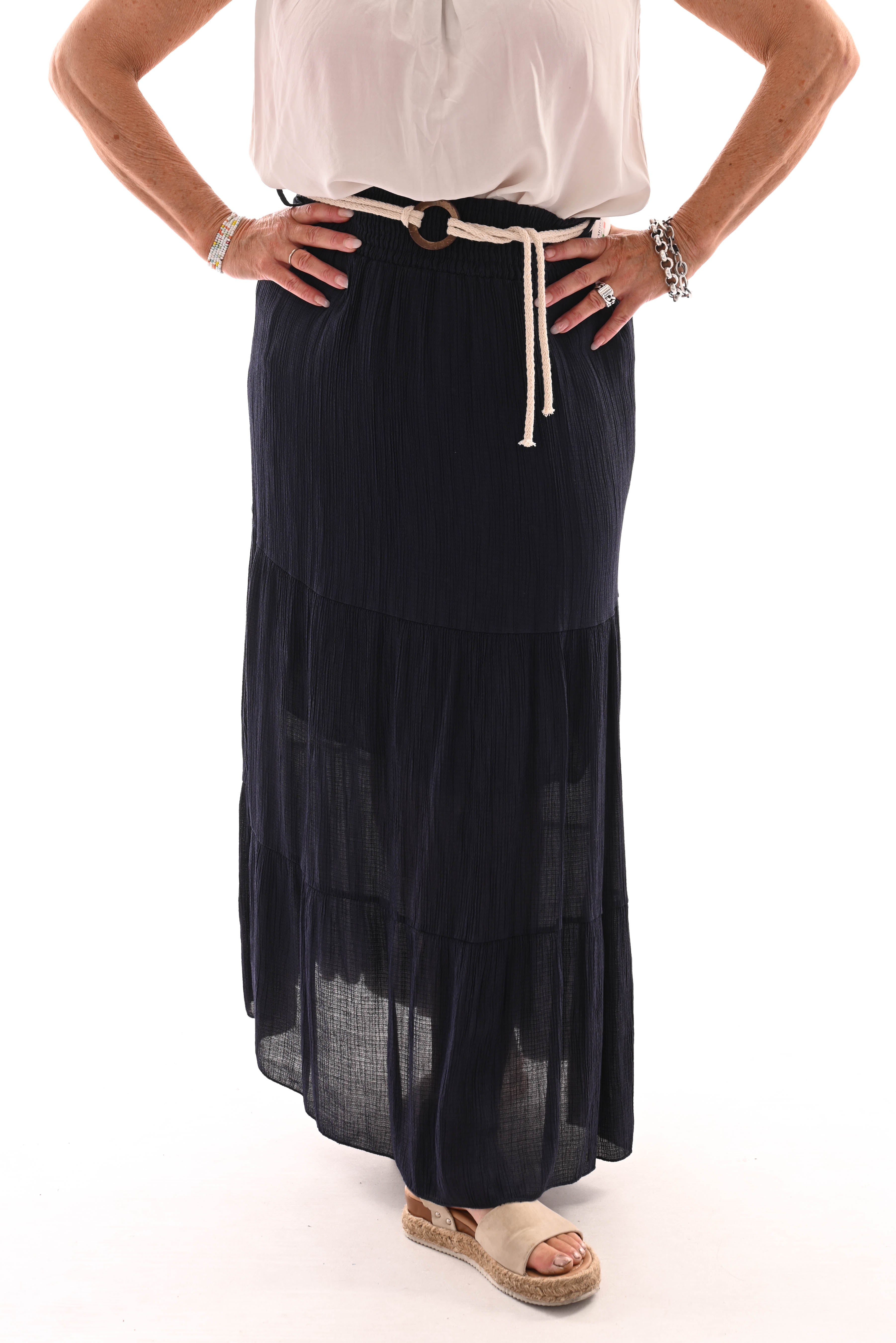 Lange wafel rok met stroken marineblauw