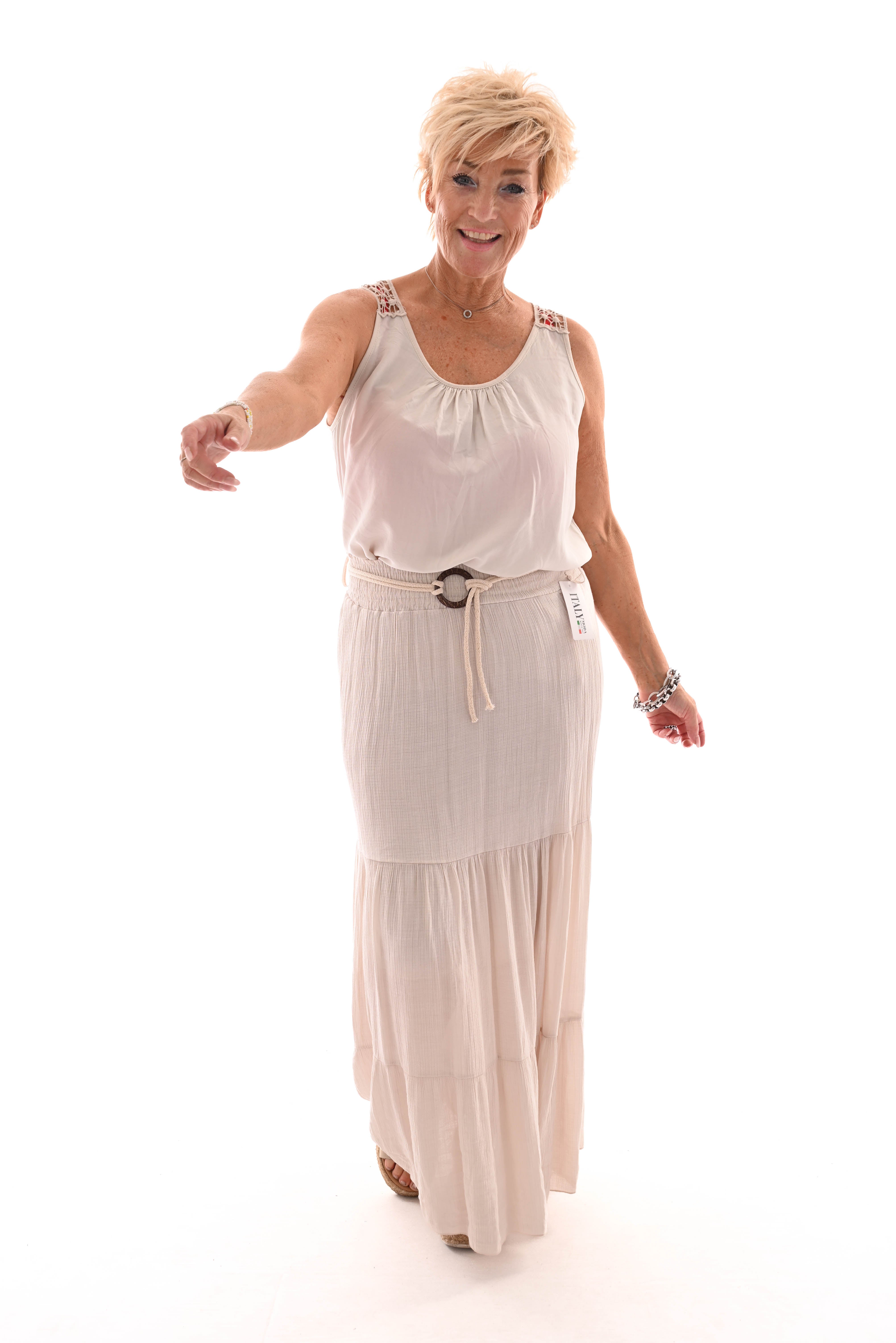 Lange wafel rok met stroken beige