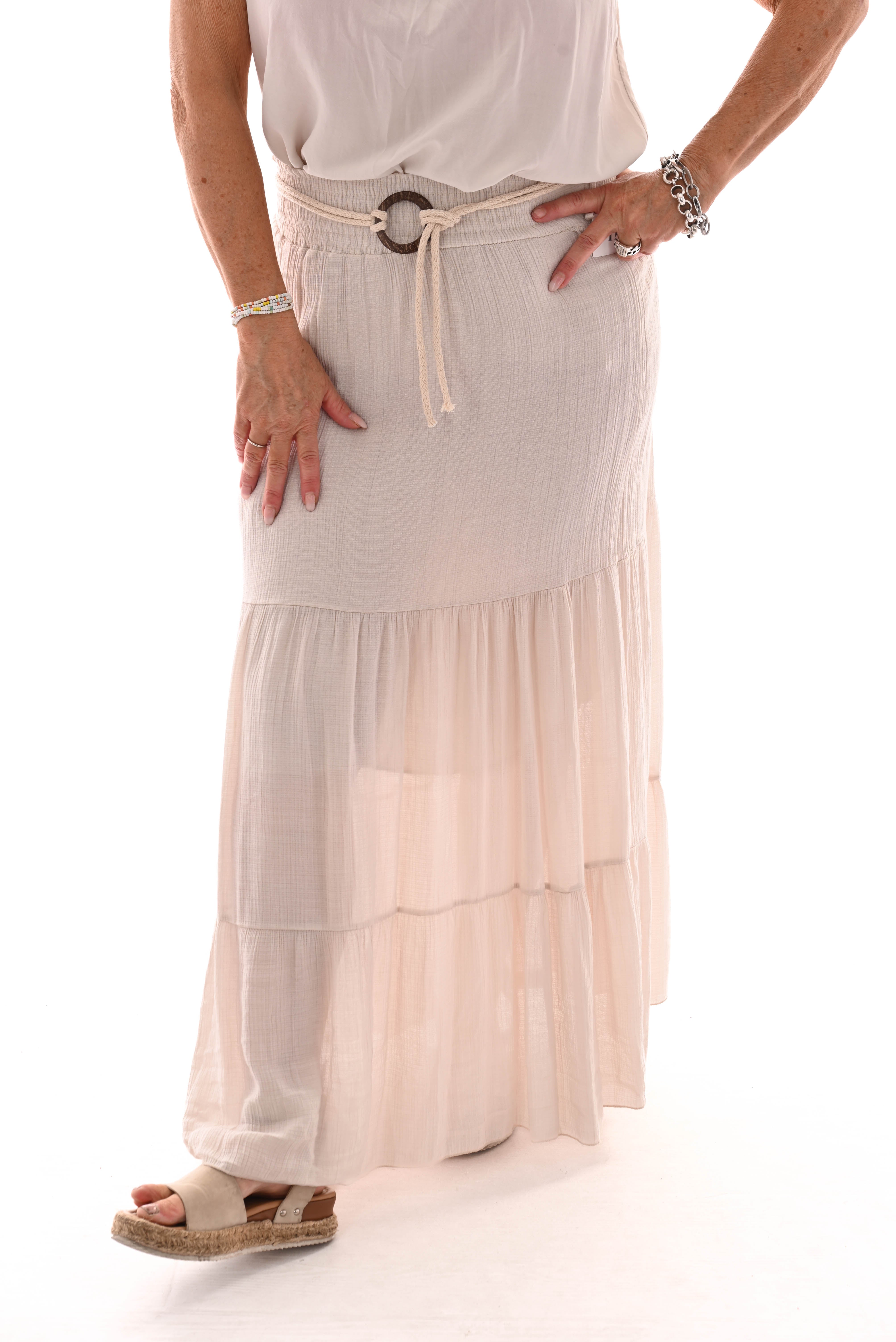 Lange wafel rok met stroken beige