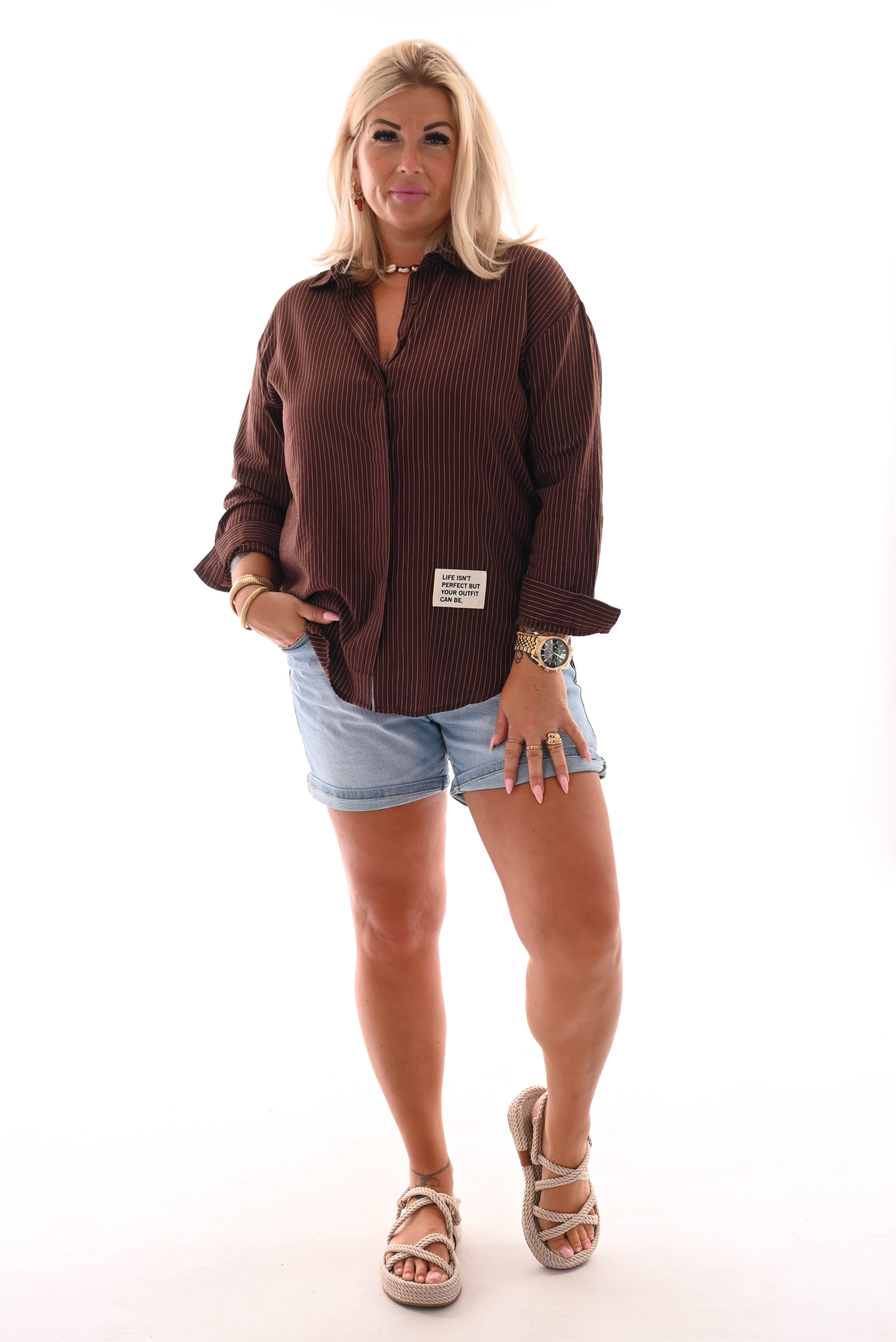 Blouse gestreept applicatie donkerbruin