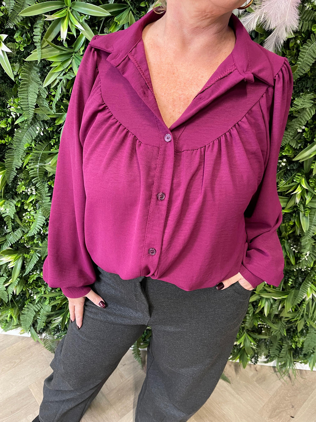 Blouse geplooid halsdetail uni cyclaam