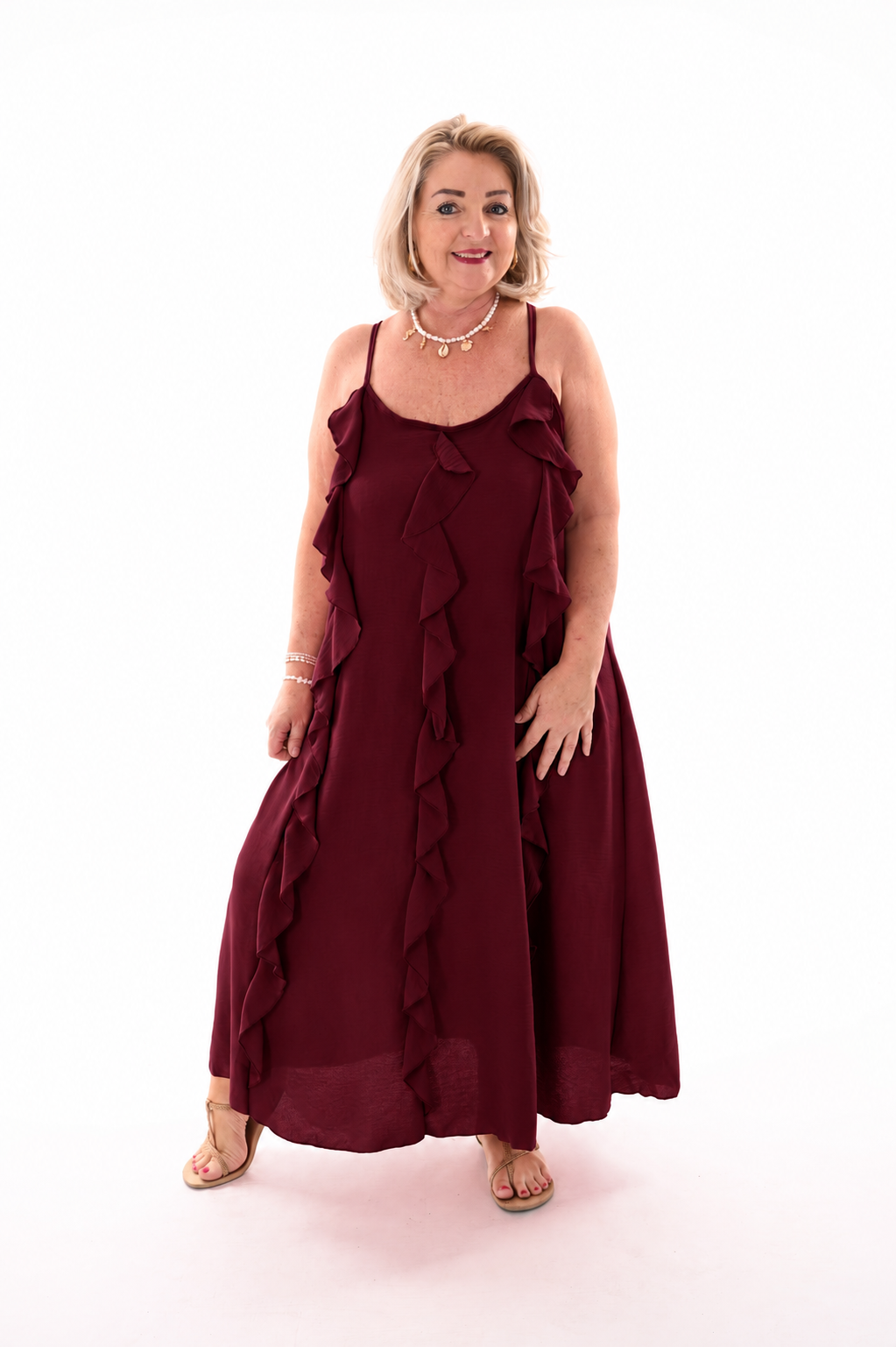 Lange jurk roezels bordeaux