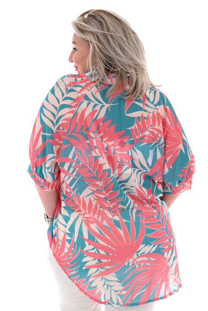 Blouse print leaves koraal/aquablauw