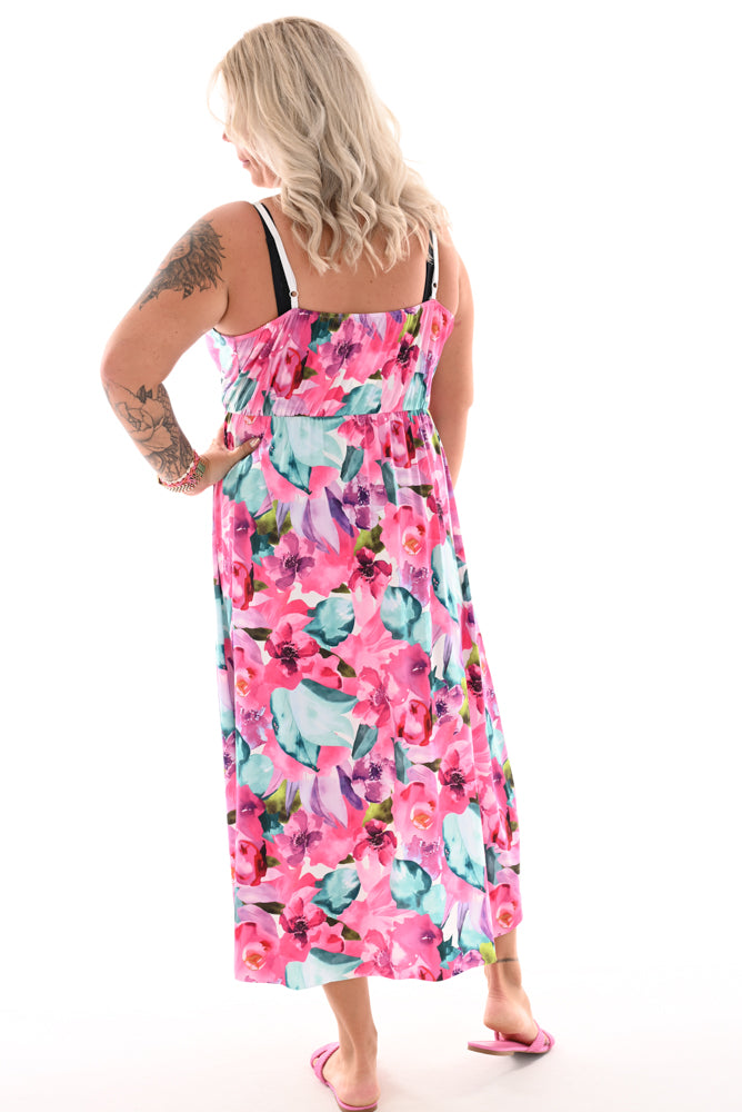 Lange jurk met spaghetti bandjes flower turquoise/roze