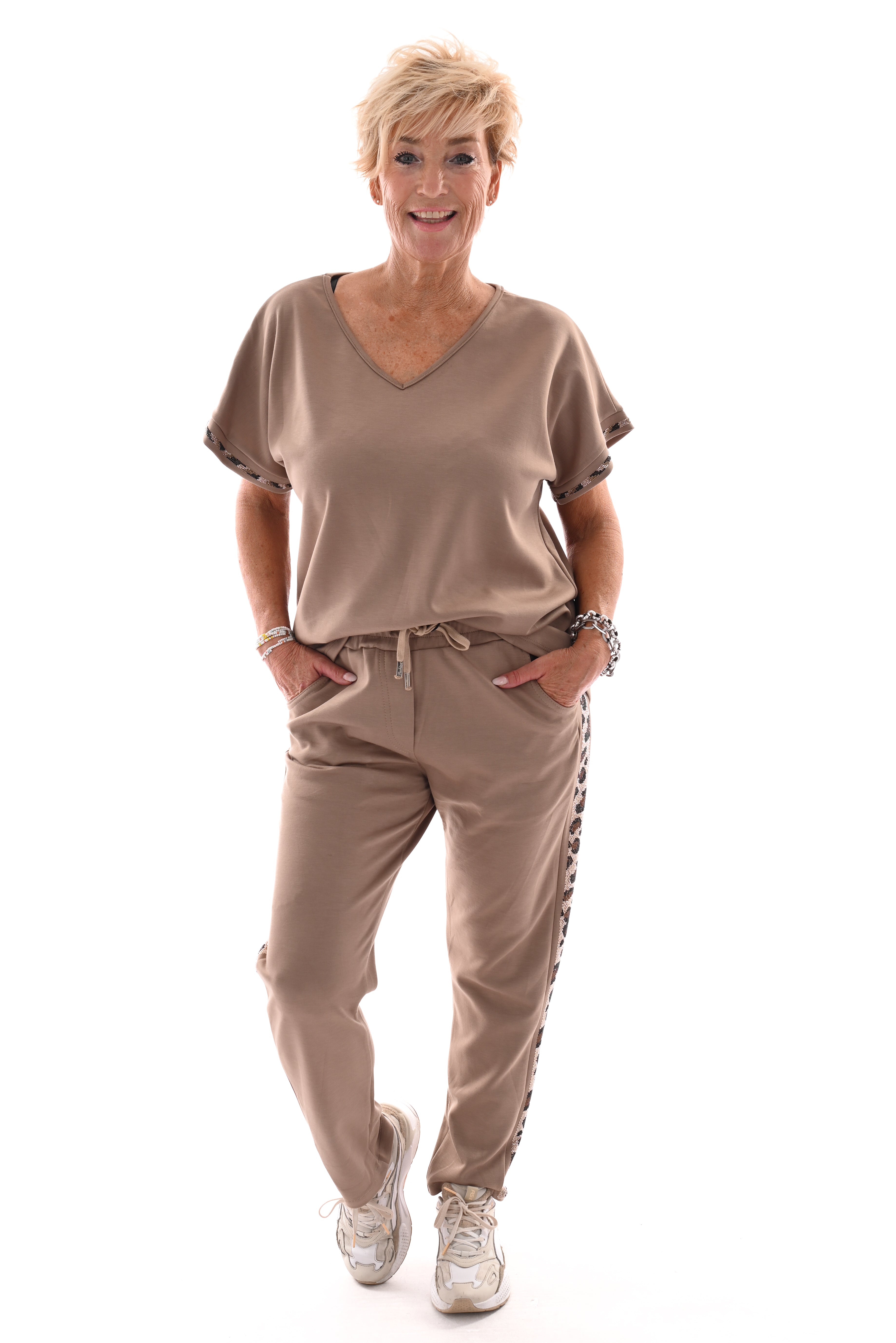 Tweedelig set korte mouwen panter glitterbies taupe