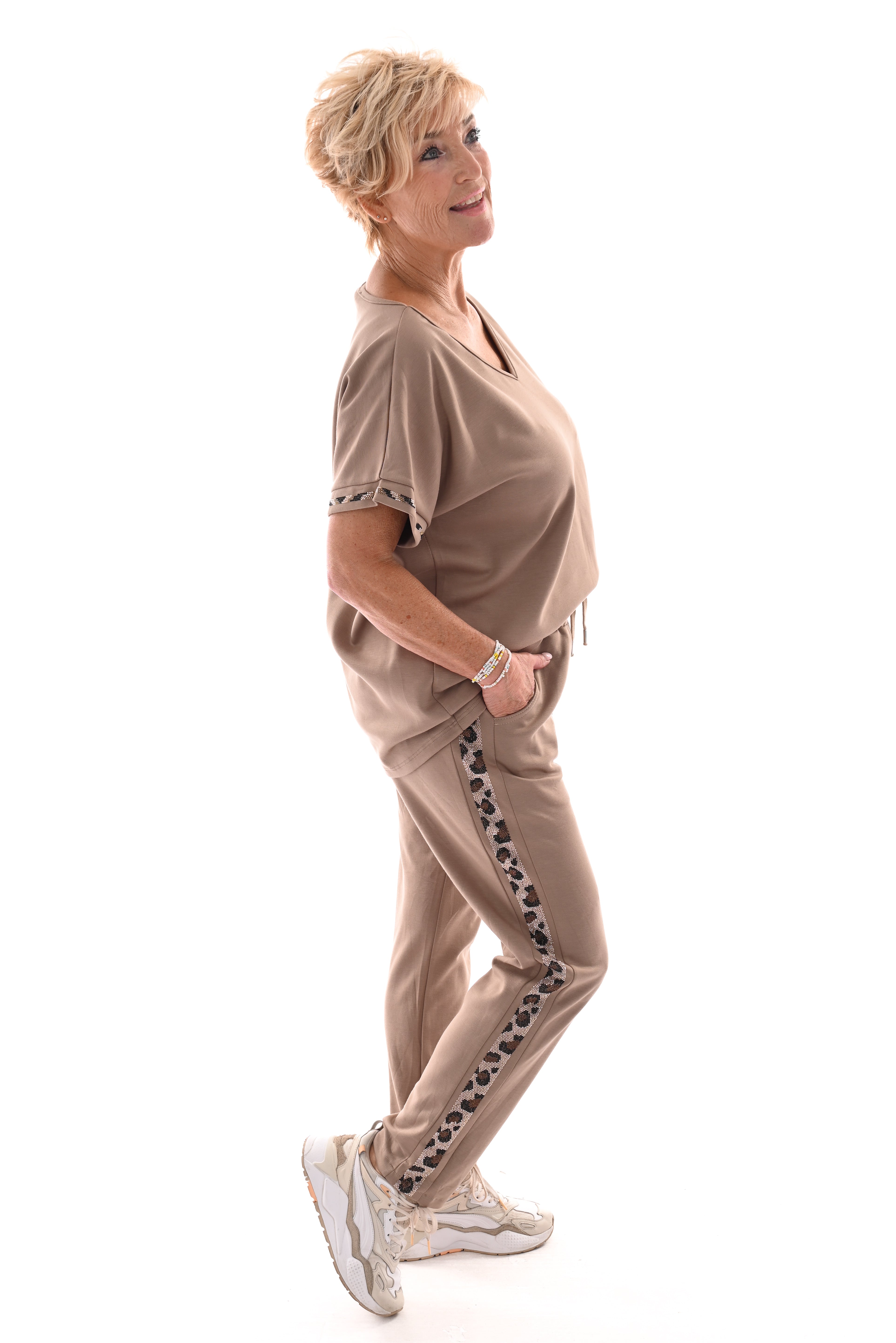 Tweedelig set korte mouwen panter glitterbies taupe