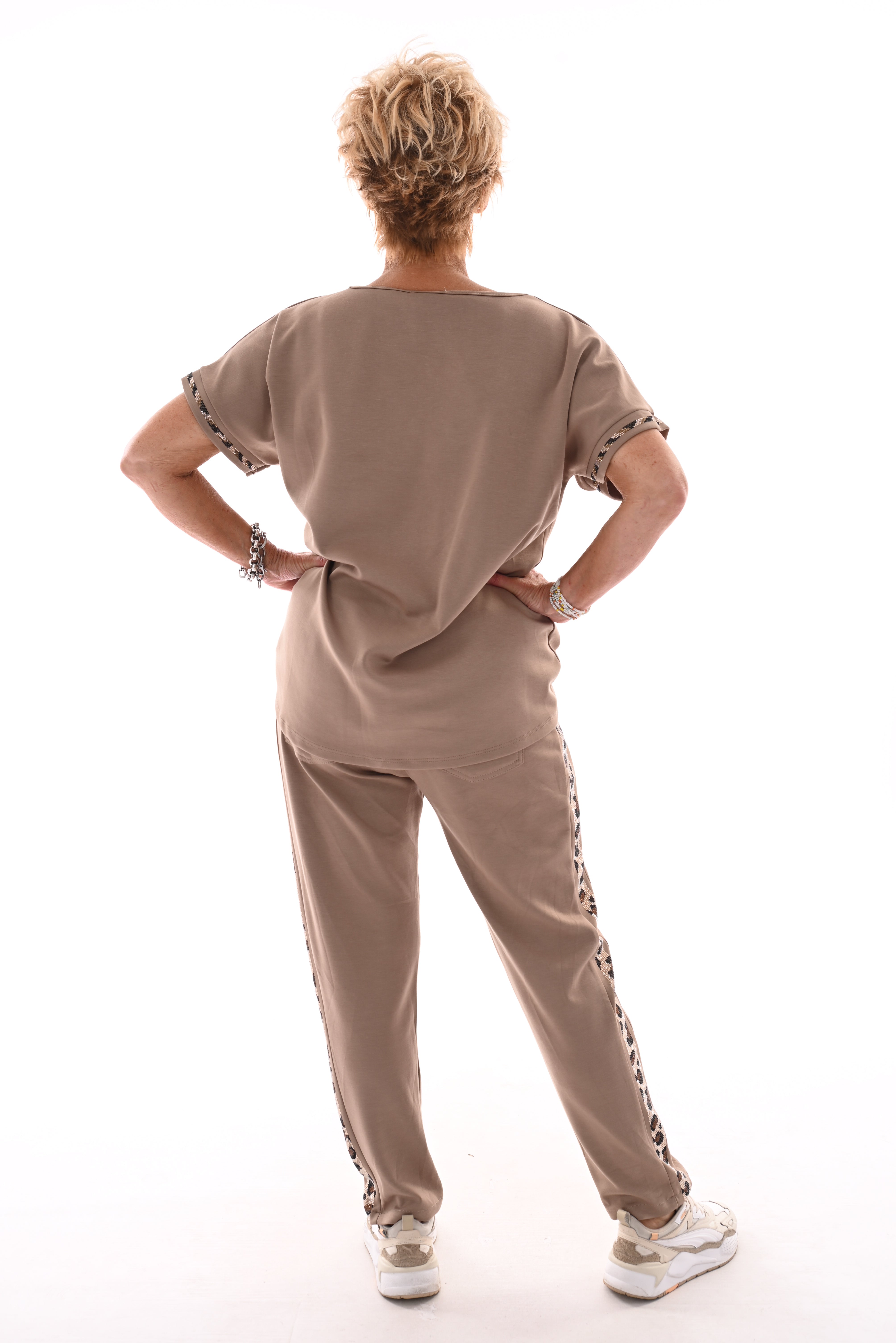 Tweedelig set korte mouwen panter glitterbies taupe