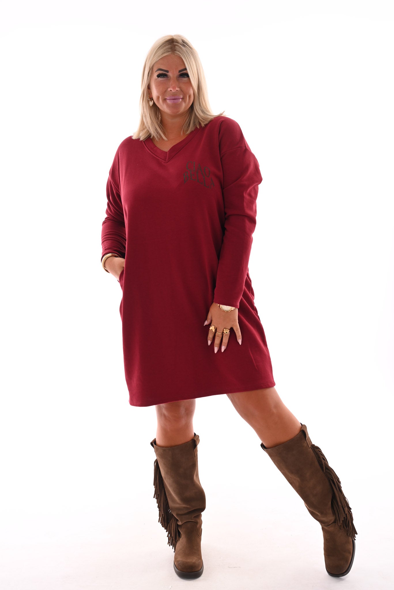 Sweaterdress v-hals ciao bella bordeaux