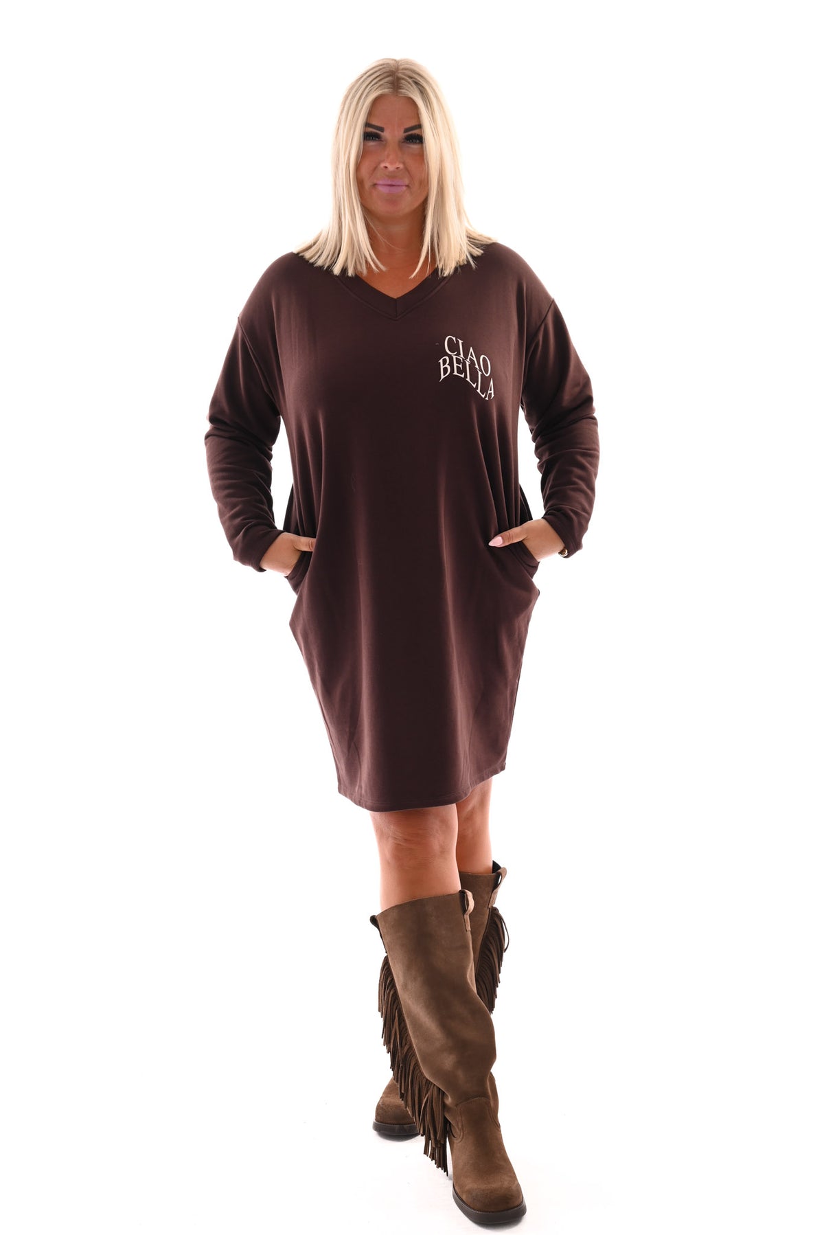 Sweaterdress v-hals ciao bella donkerbruin
