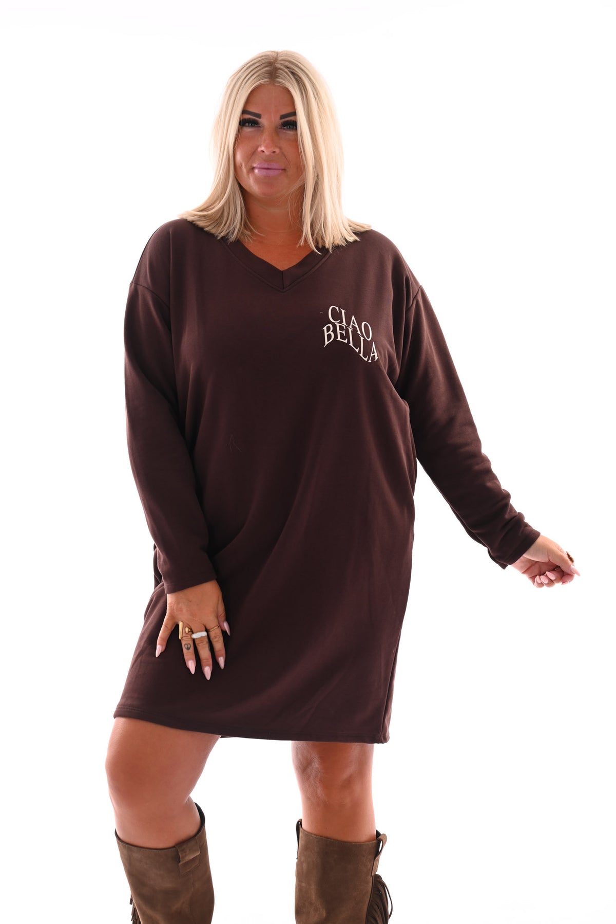 Sweaterdress v-hals ciao bella donkerbruin