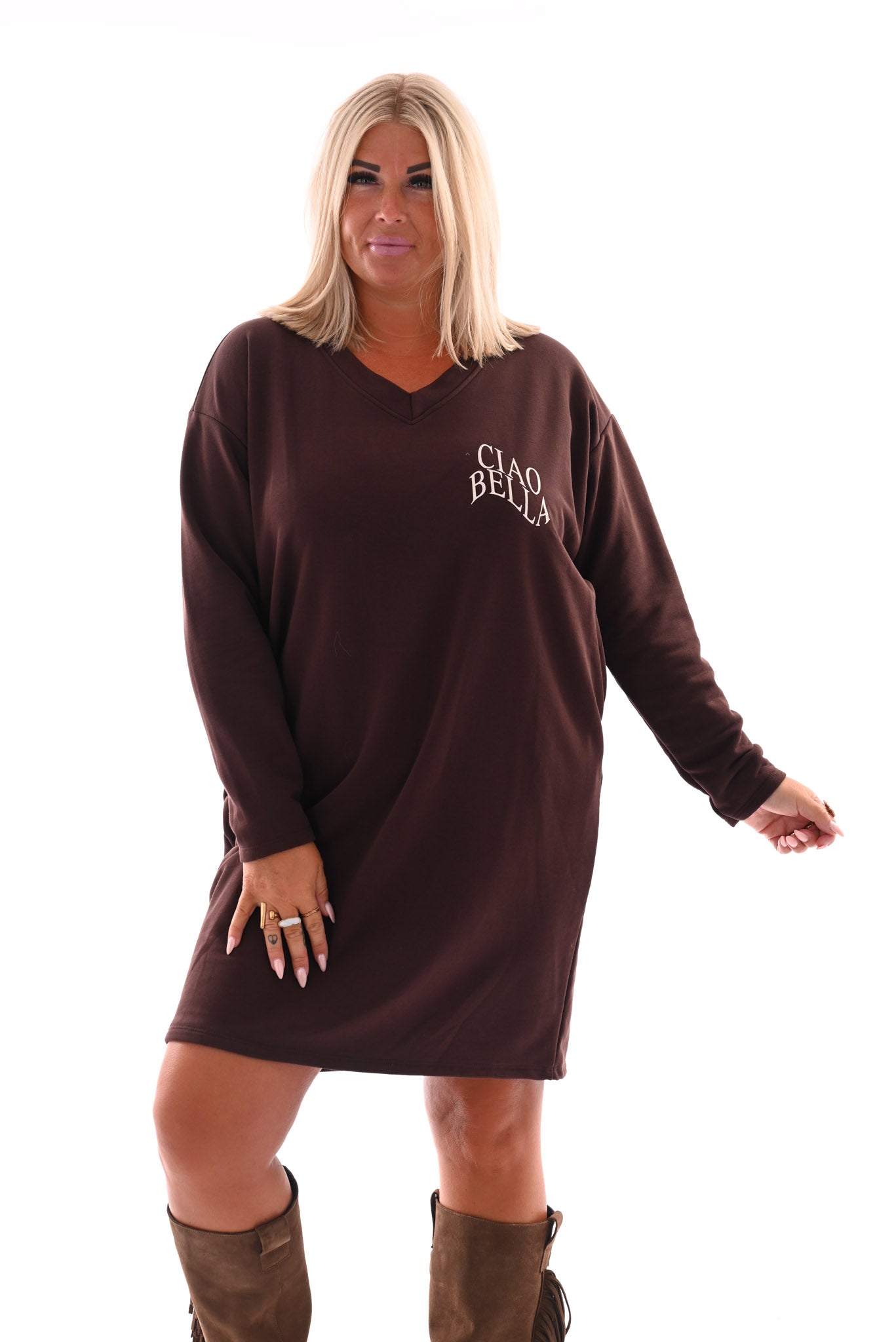 Sweaterdress v-hals ciao bella donkerbruin