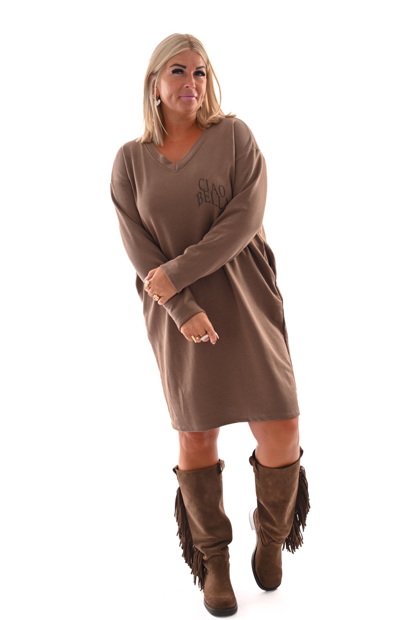 Sweaterdress v-hals ciao bella lichtbruin