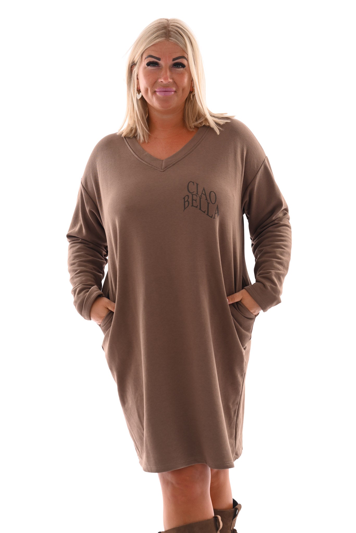 Sweaterdress v-hals ciao bella lichtbruin
