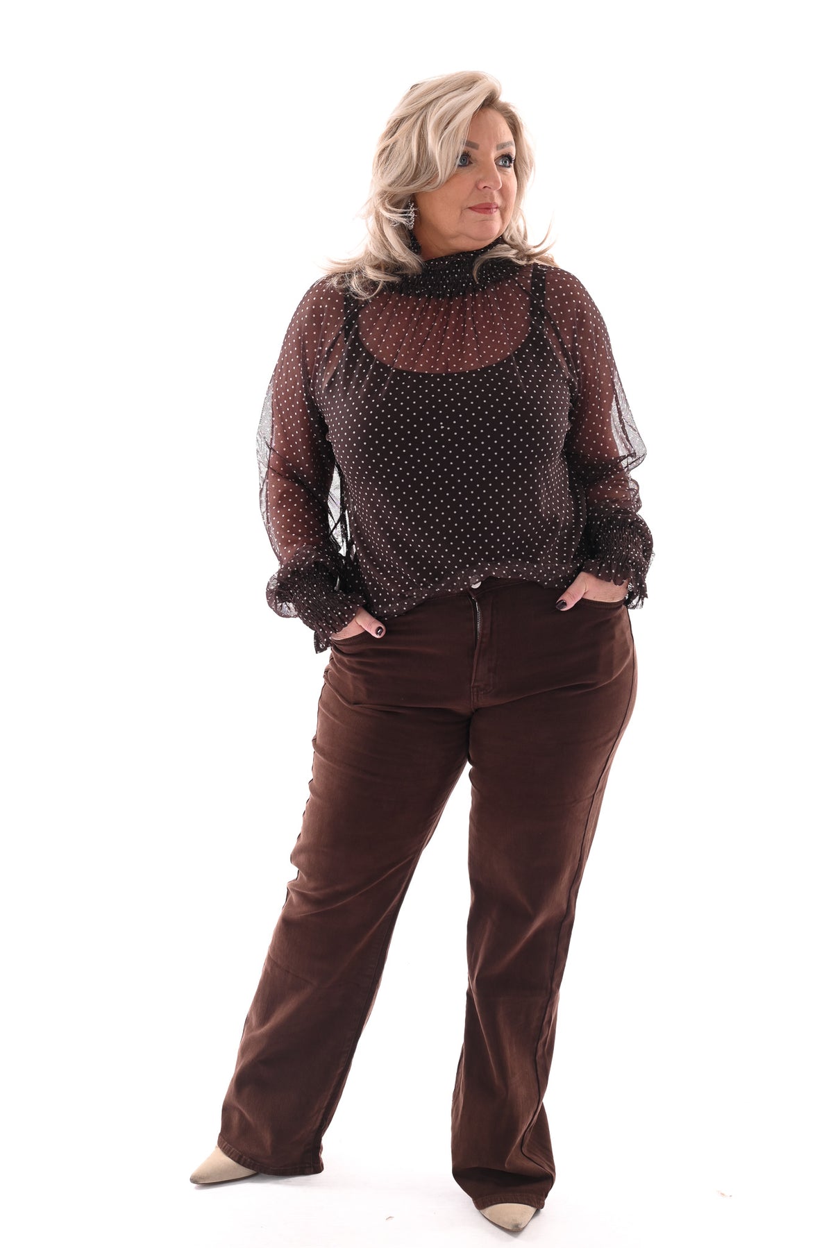 Top kleine dots smock kraag donkerbruin