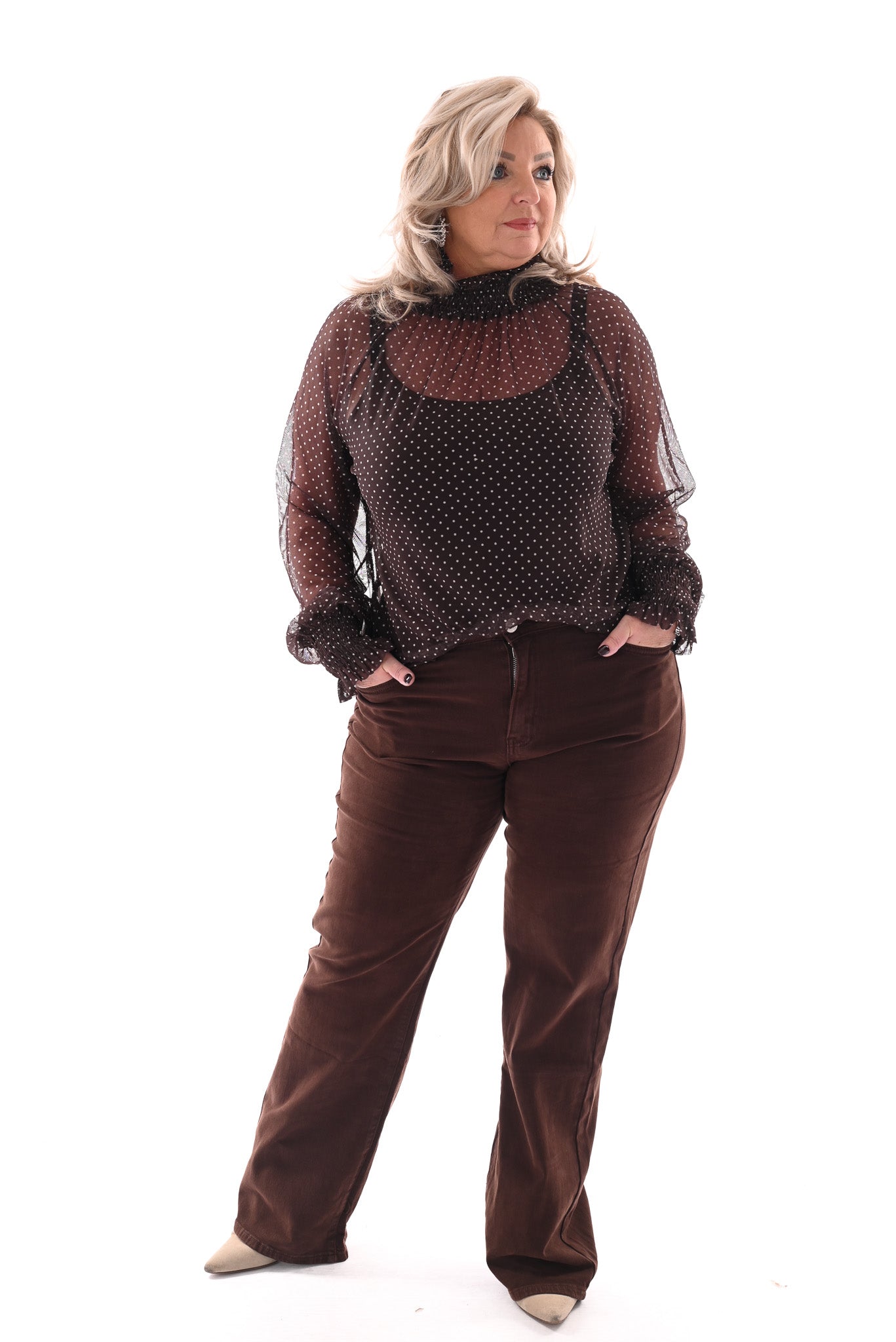 Top kleine dots smock kraag donkerbruin
