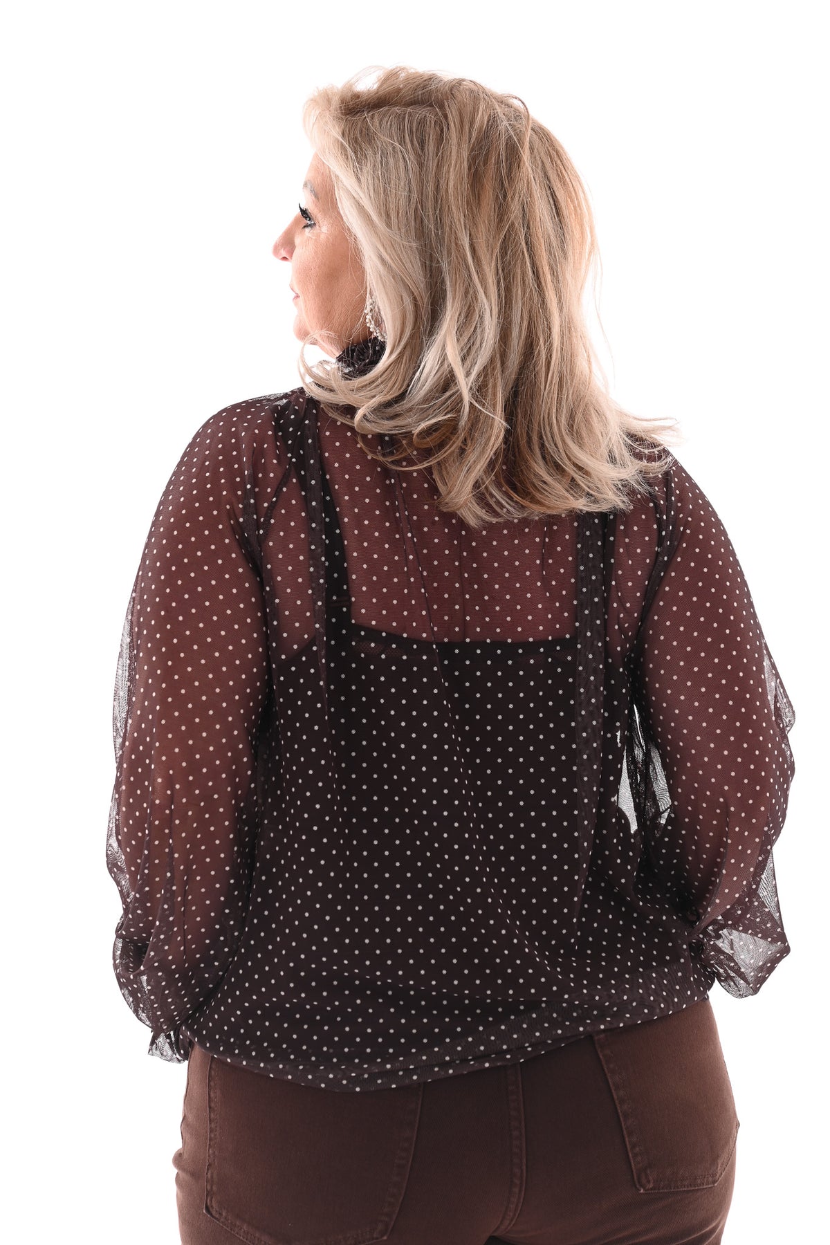 Top kleine dots smock kraag donkerbruin
