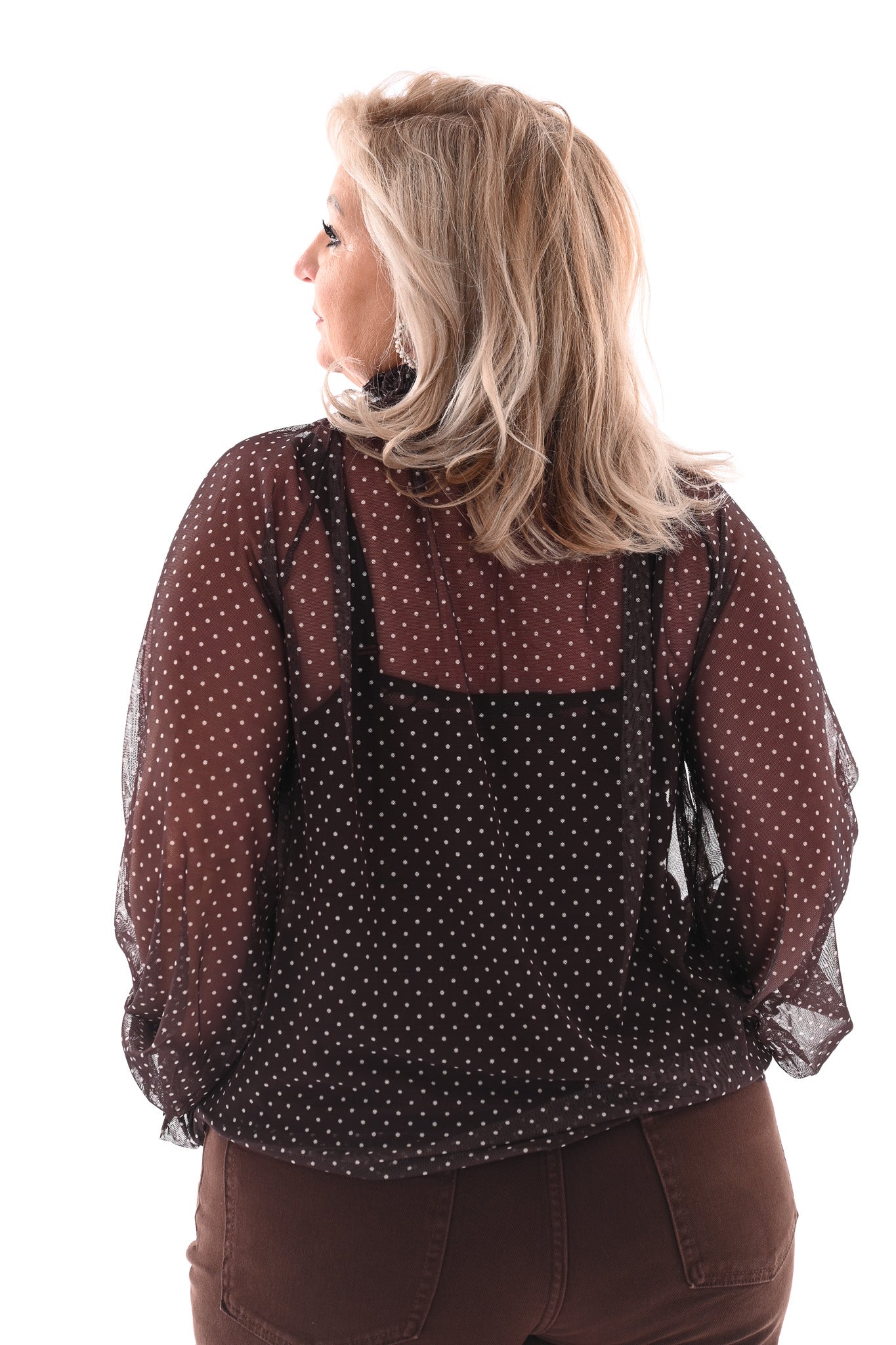 Top kleine dots smock kraag donkerbruin