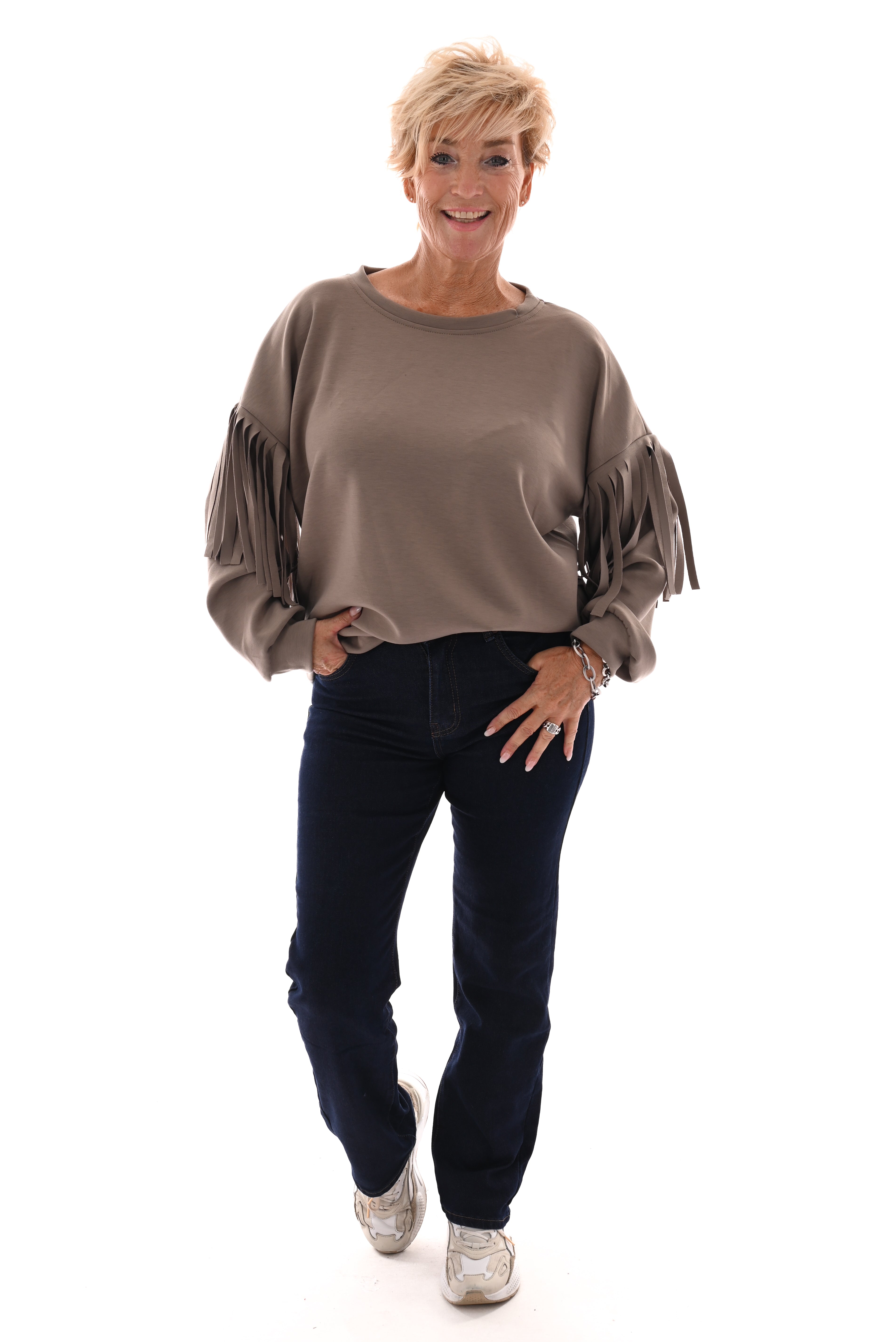 Sweater met franjes aan de mouwen taupe