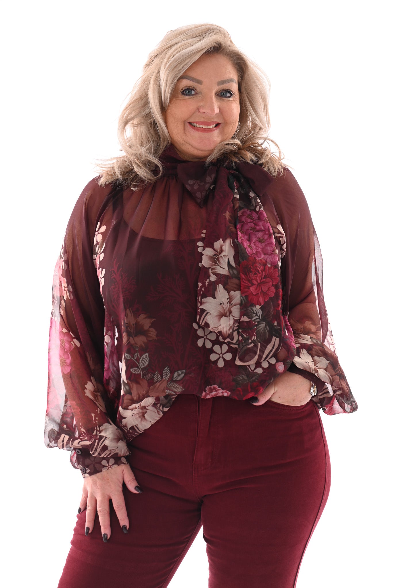 Blouse met strik bloemen bordeaux