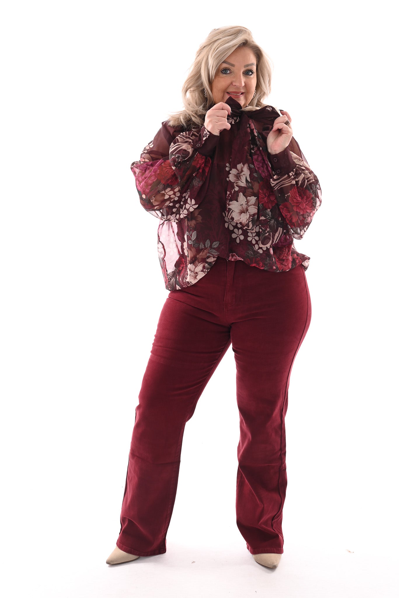 Blouse met strik bloemen bordeaux