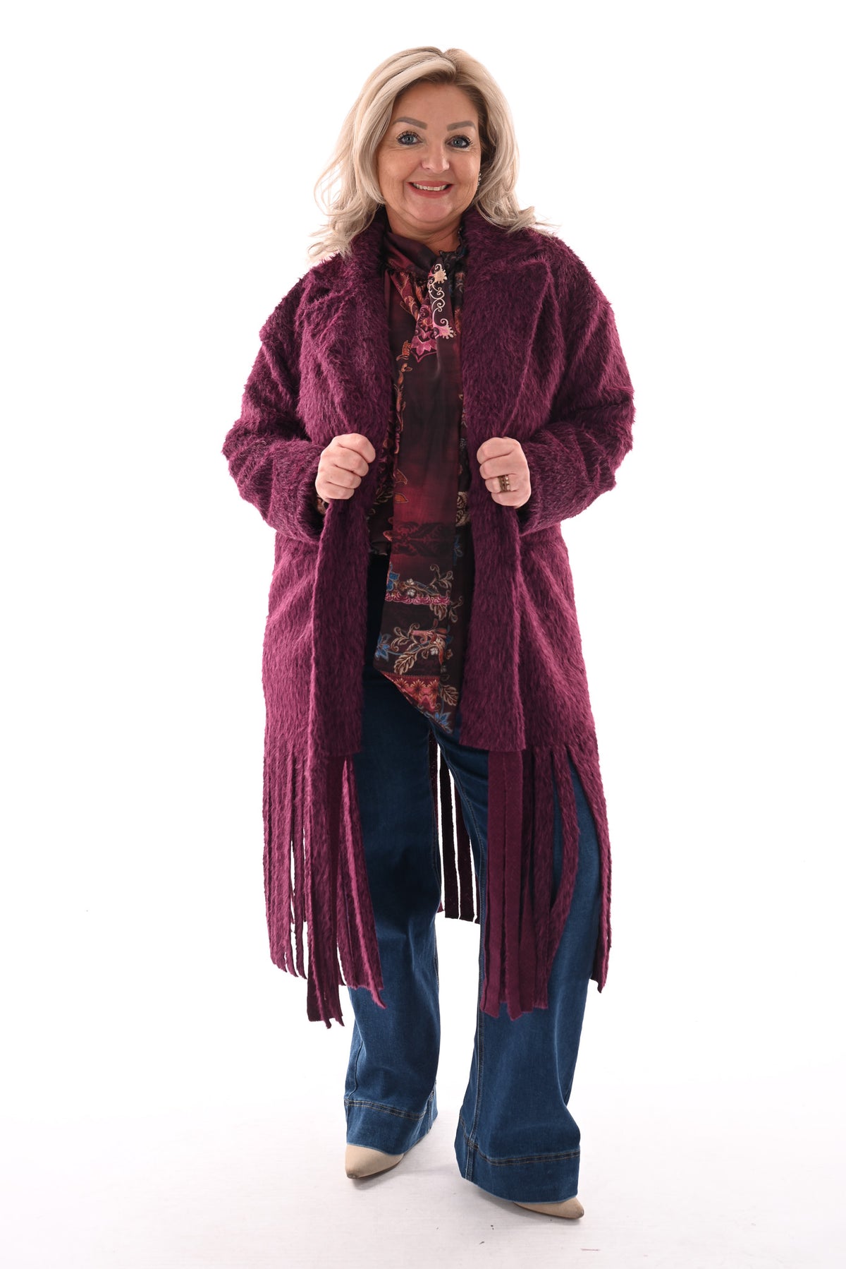 Faux fur jas franjes aubergine