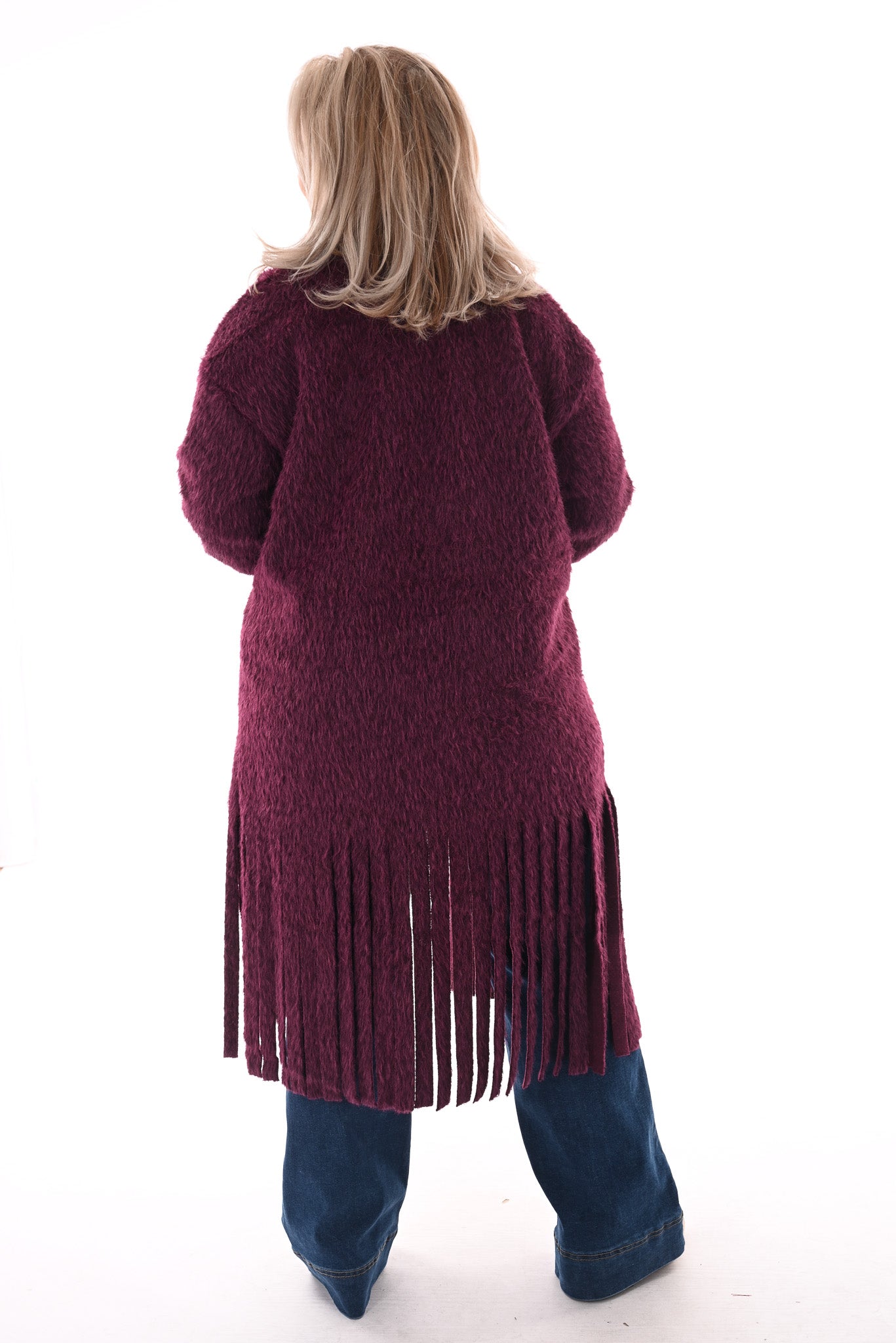 Faux fur jas franjes aubergine