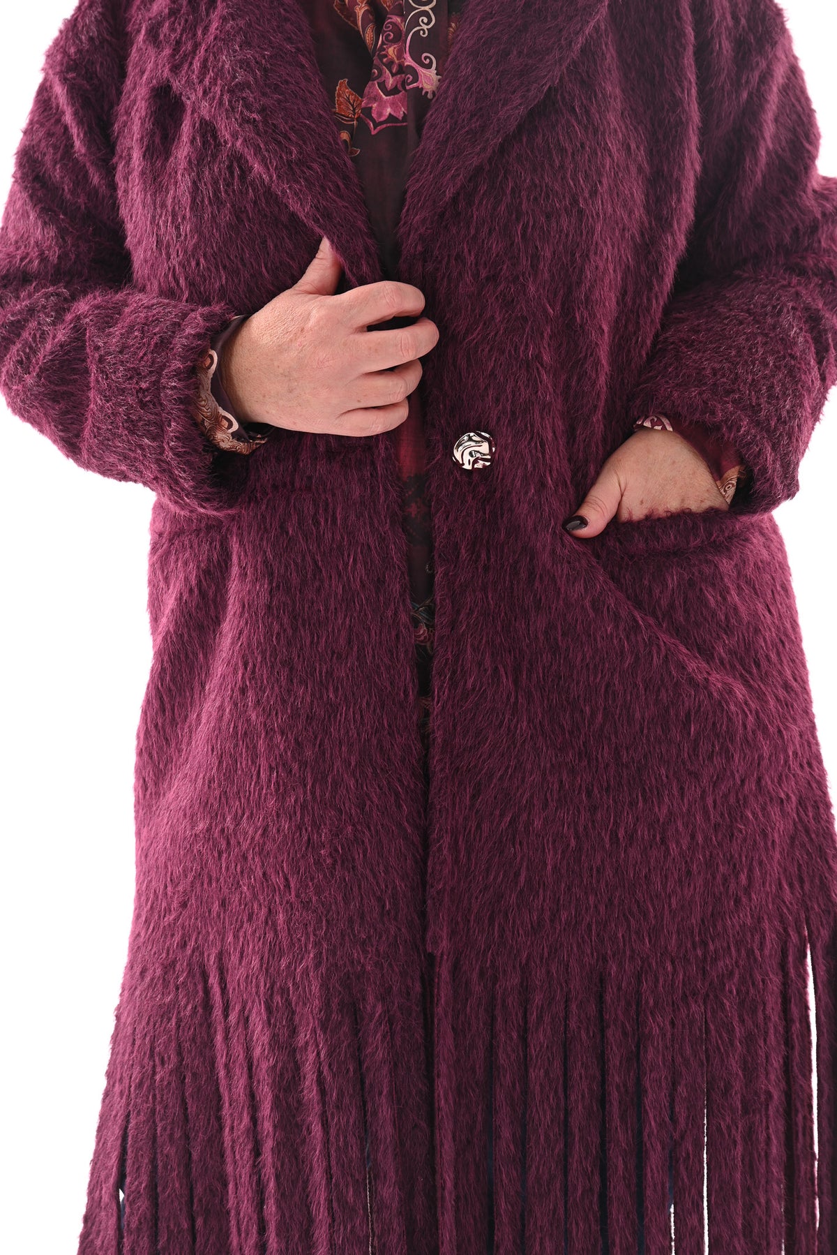 Faux fur jas franjes aubergine