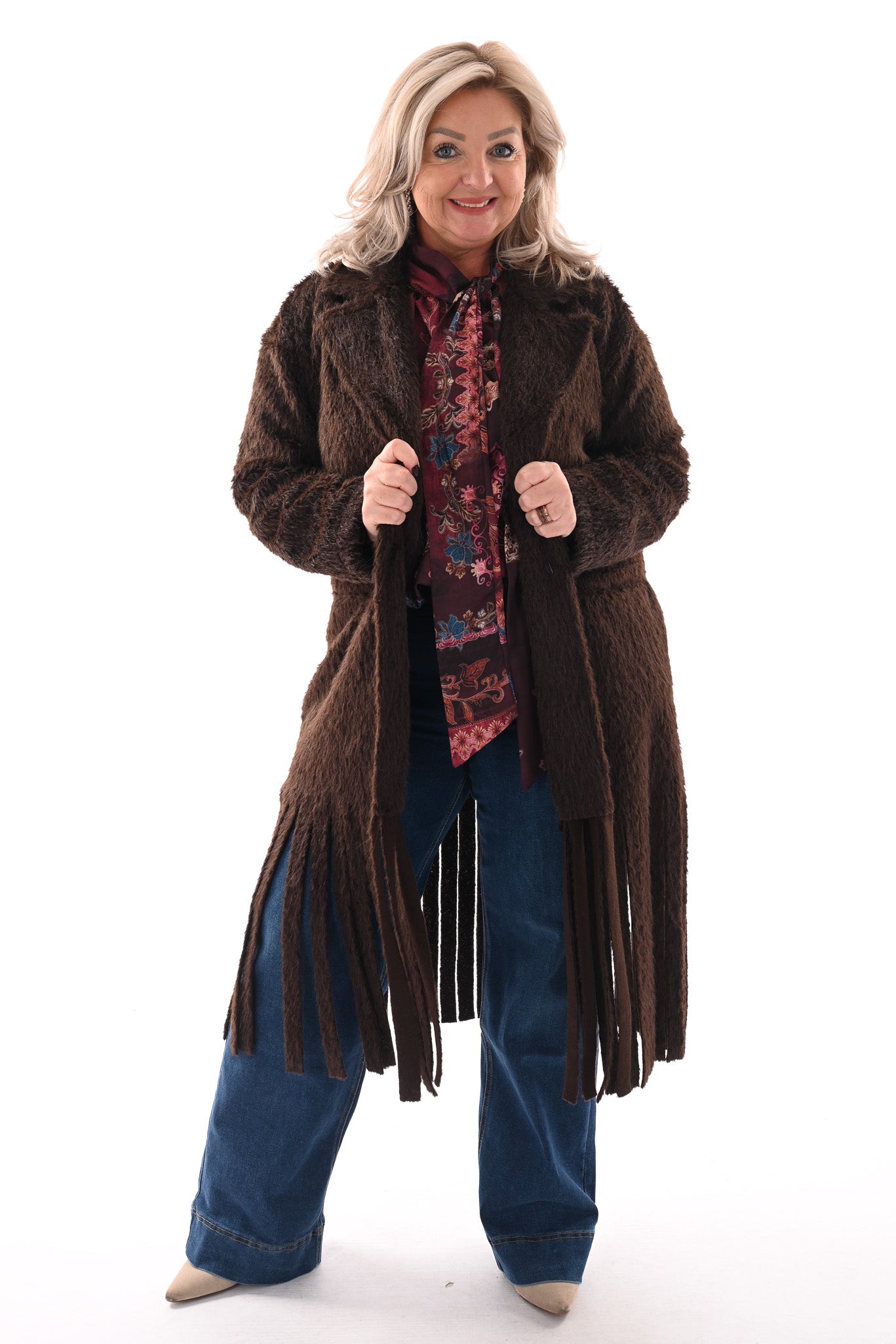 Faux fur jas franjes bruin