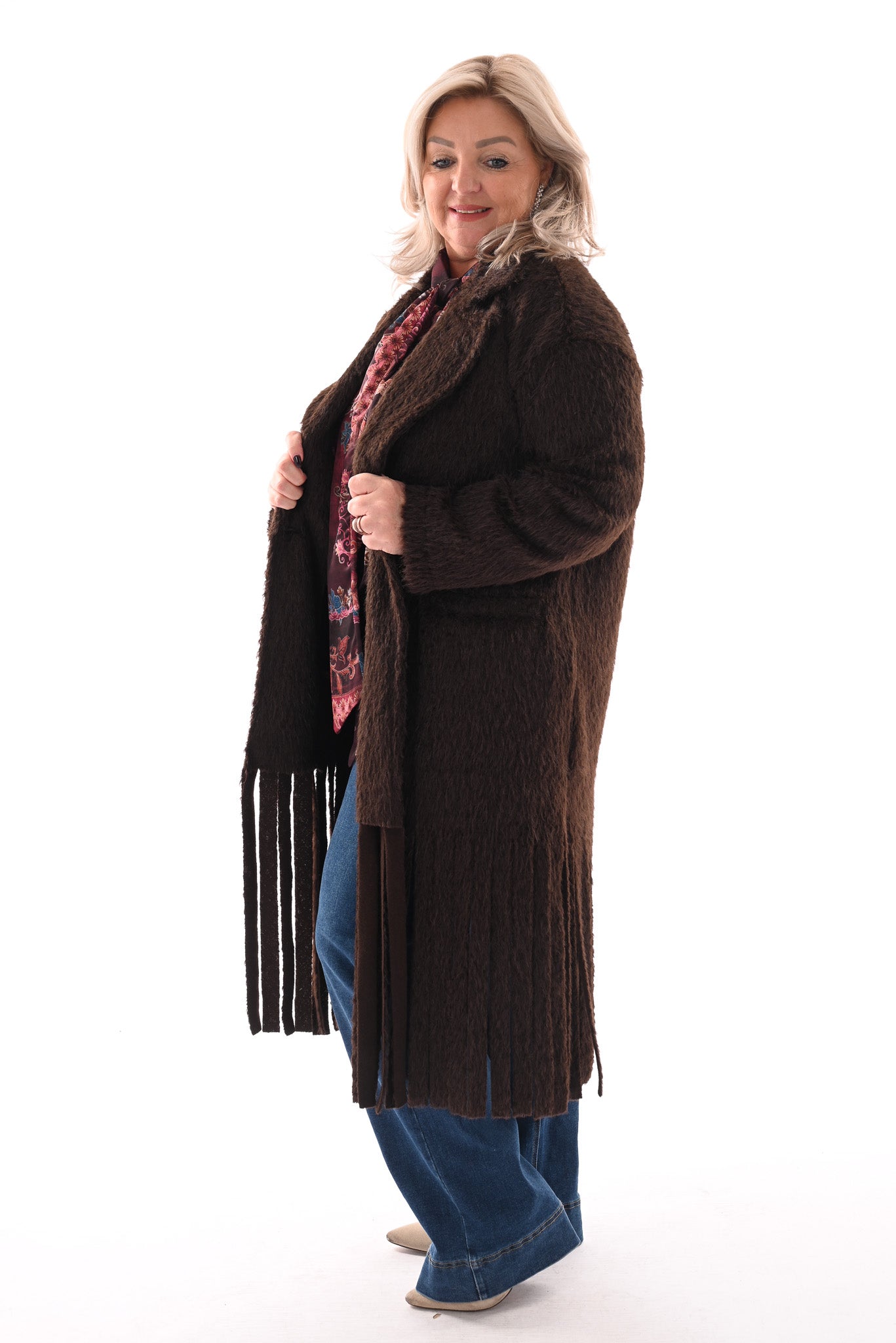 Faux fur jas franjes bruin