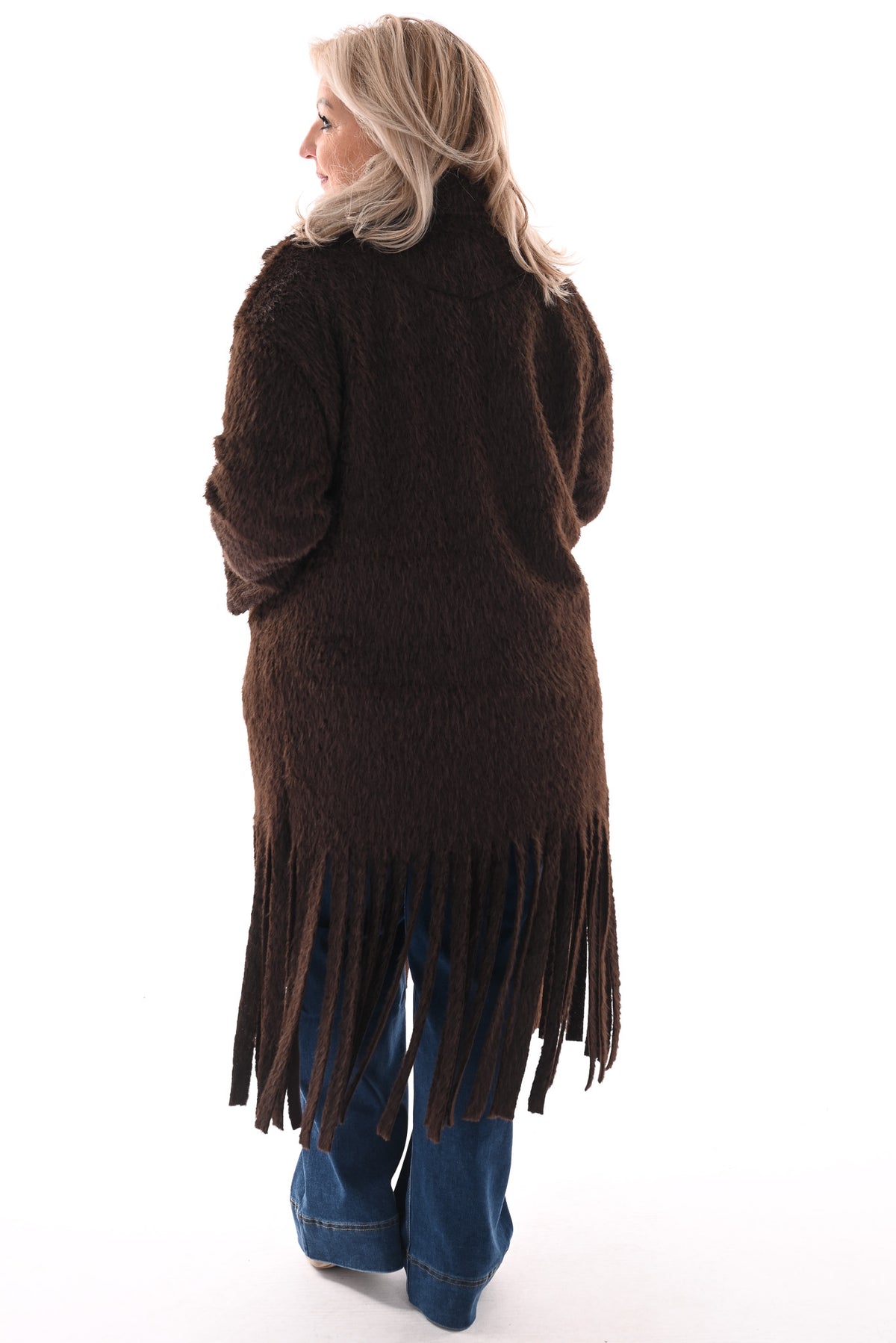 Faux fur jas franjes bruin