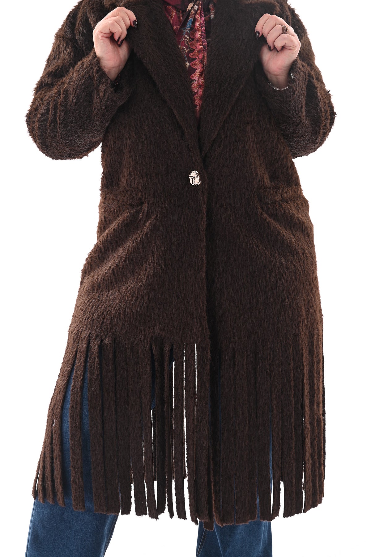 Faux fur jas franjes bruin