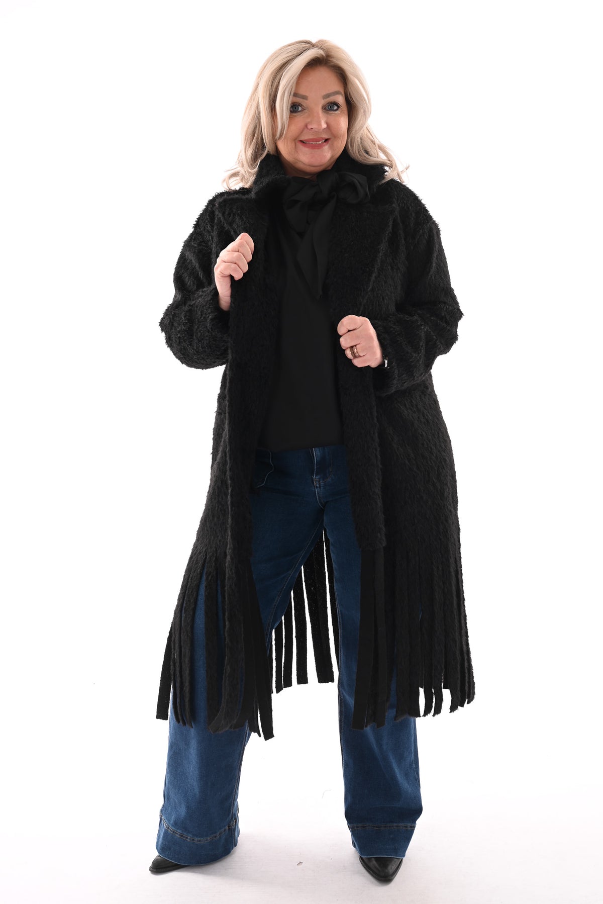 Faux fur jas franjes zwart