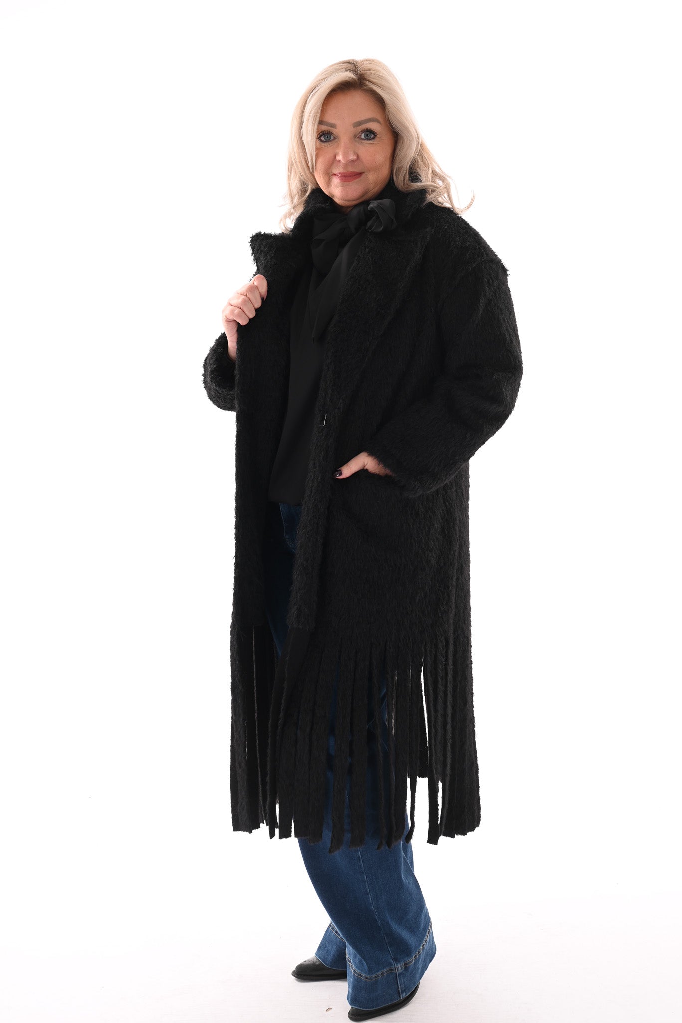 Faux fur jas franjes zwart