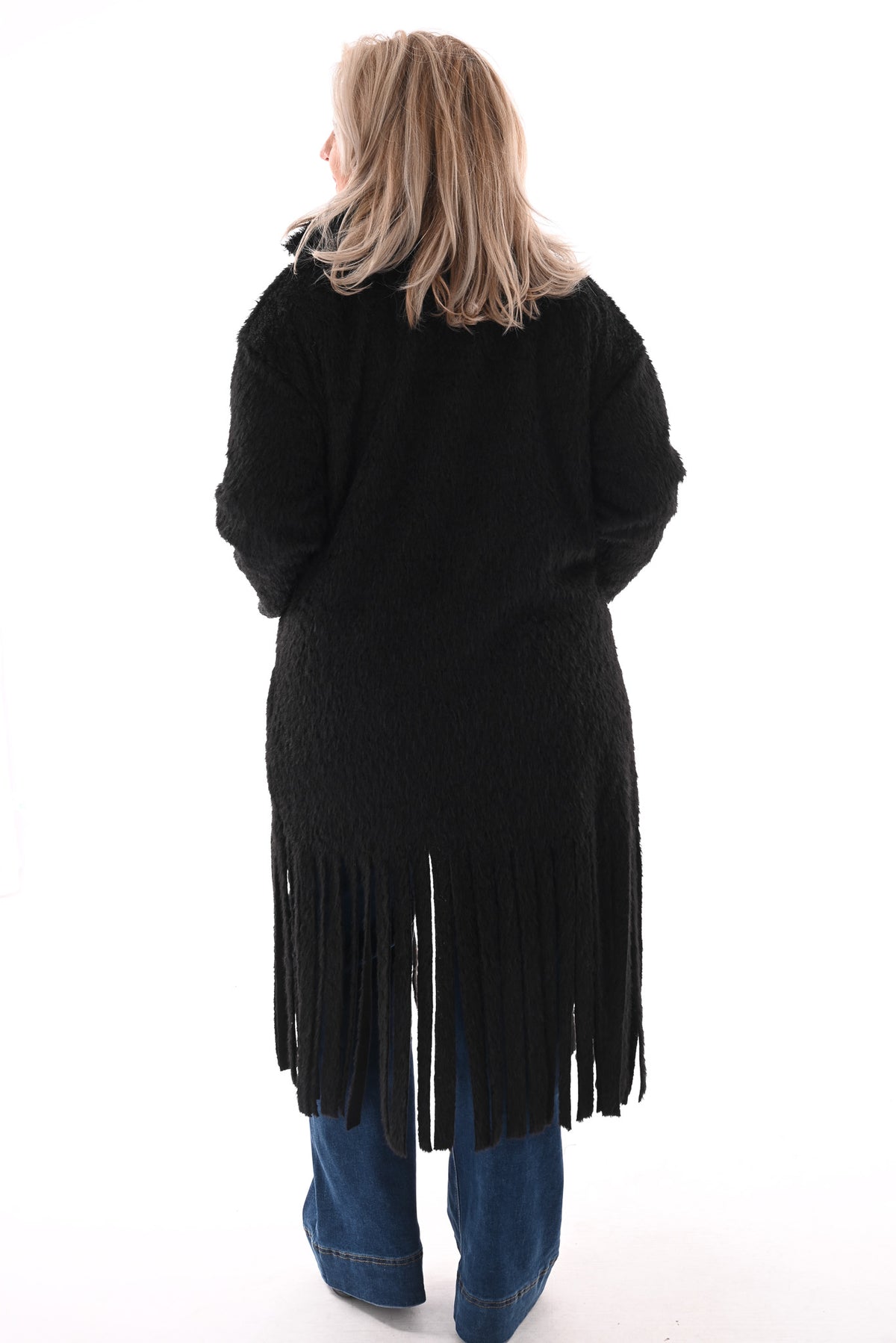 Faux fur jas franjes zwart