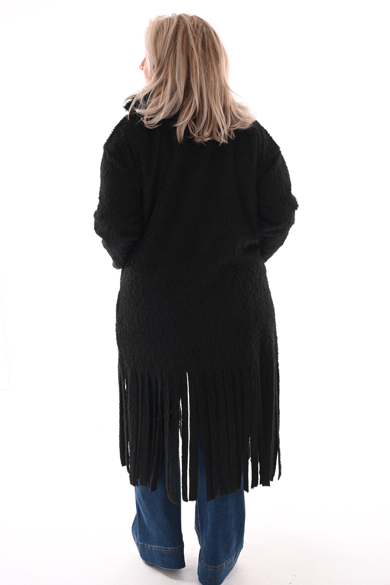 Faux fur jas franjes zwart