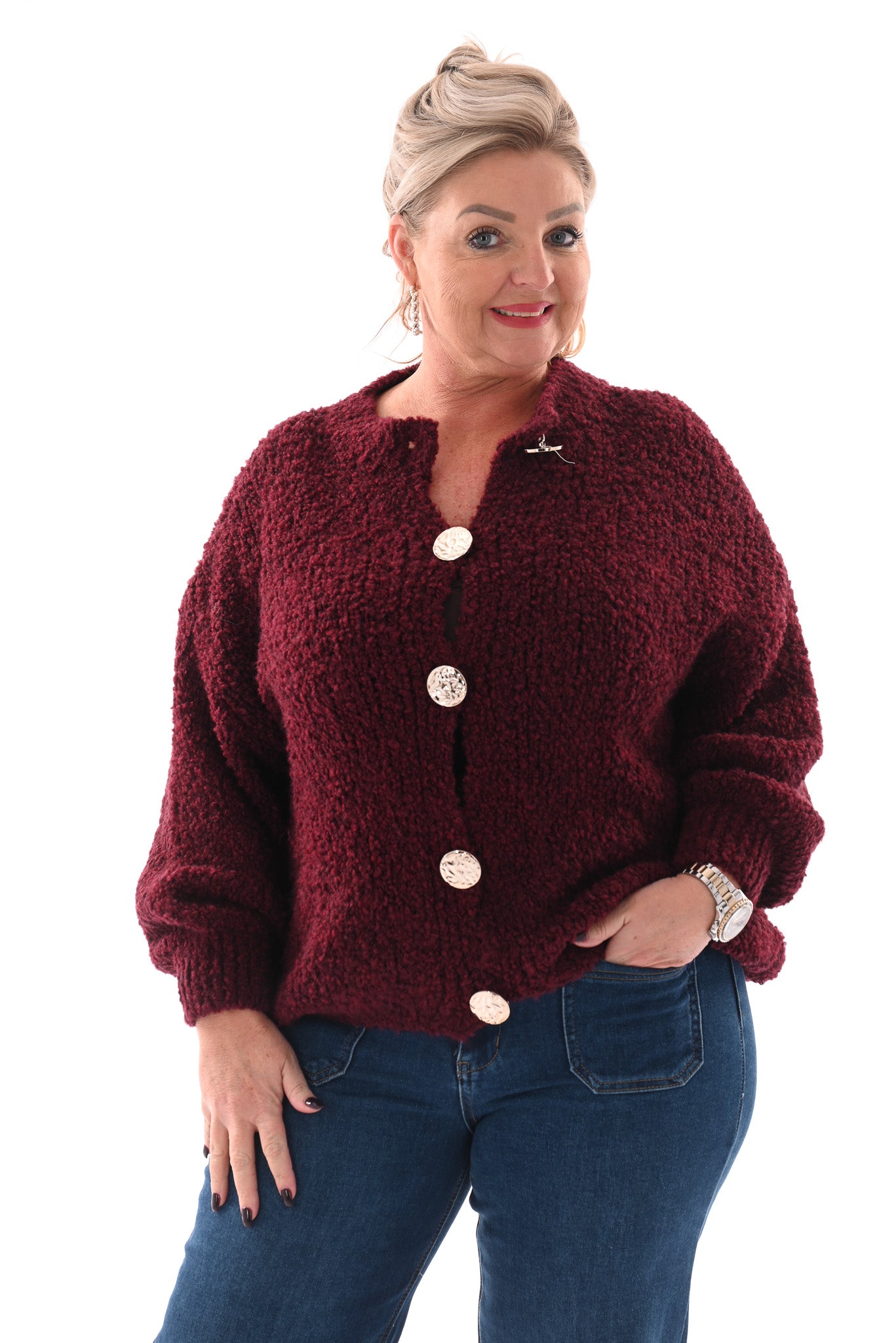 Boucle vest grote knopen bordeaux
