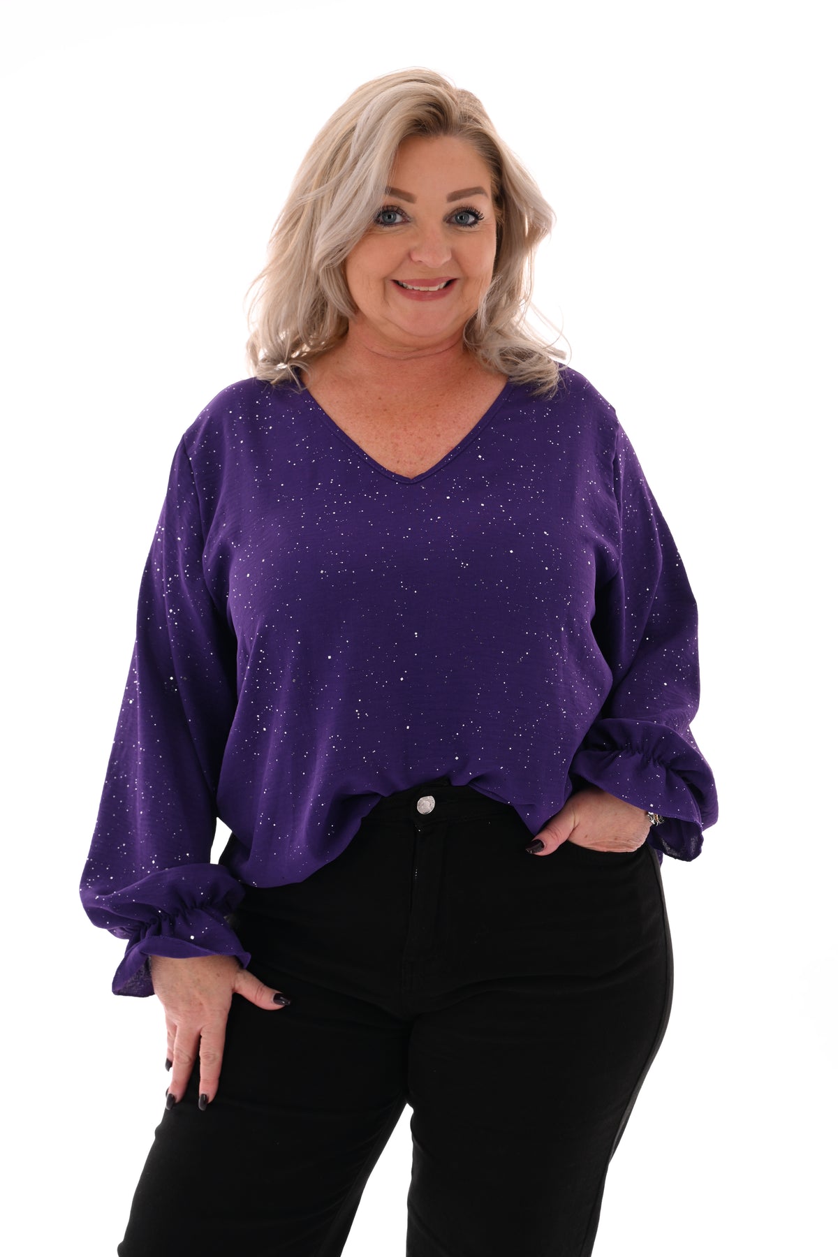 Blouse v-hals trompetmouwen paars