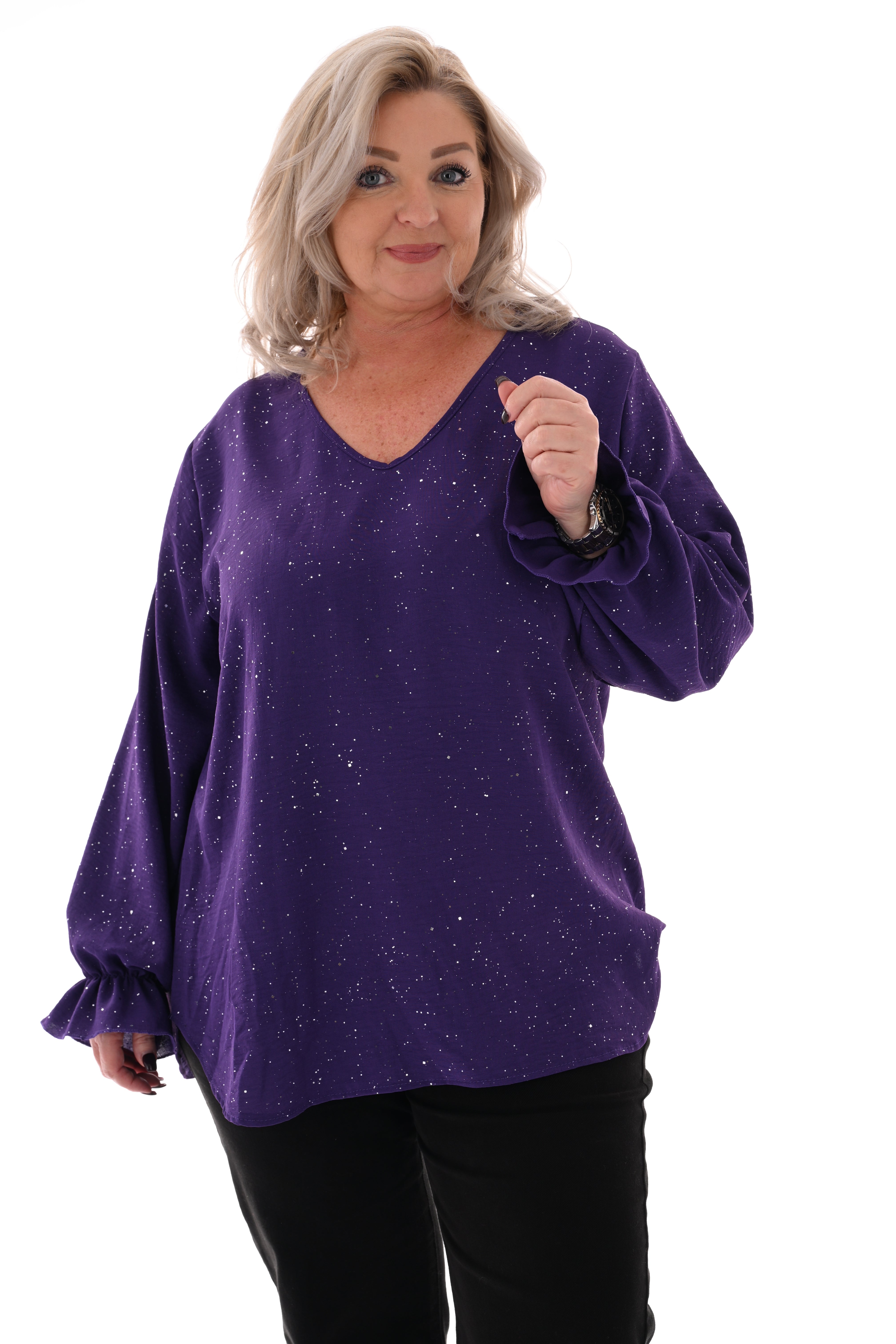 Blouse v-hals trompetmouwen paars