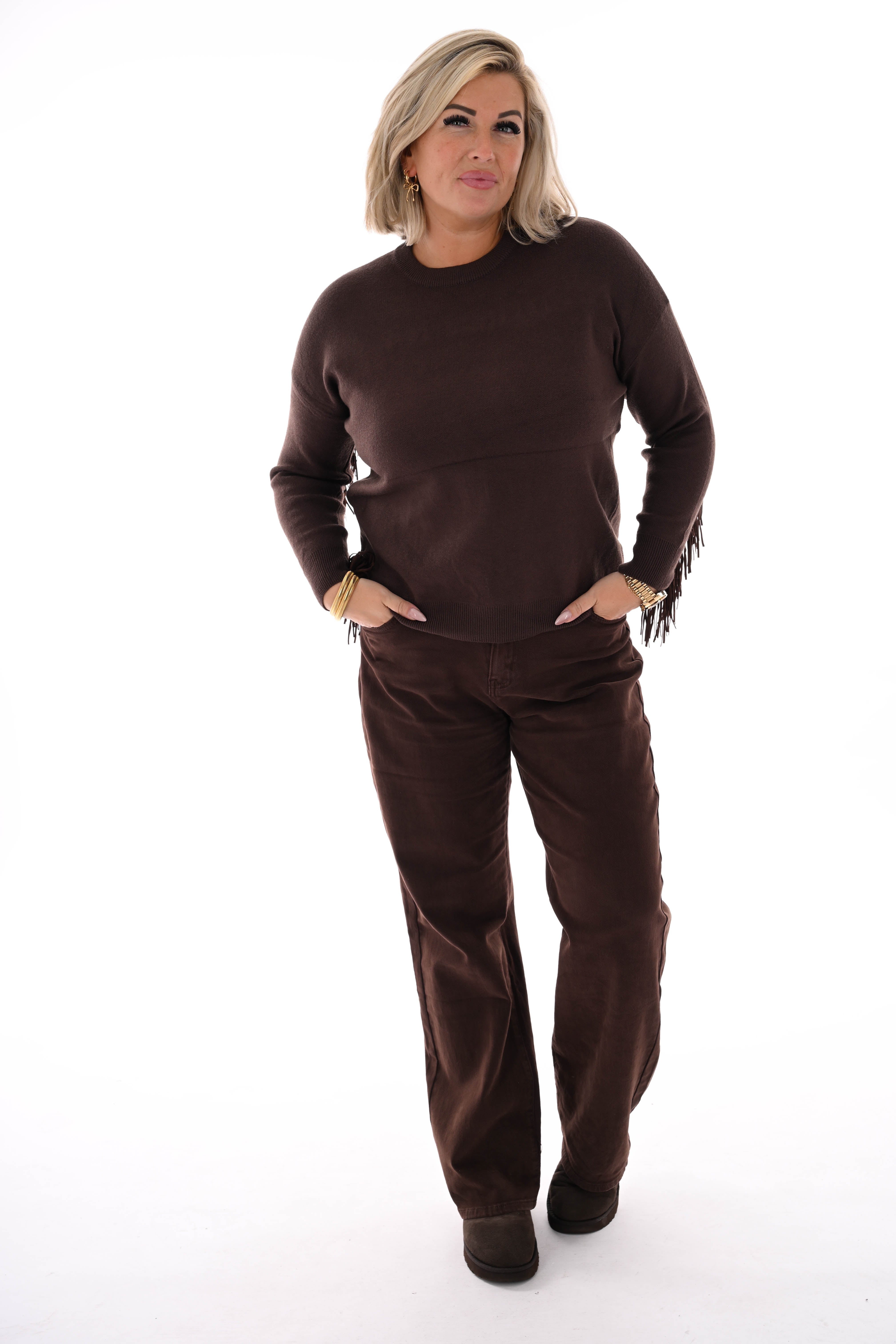 Trui ronde hals franjes met studs bruin