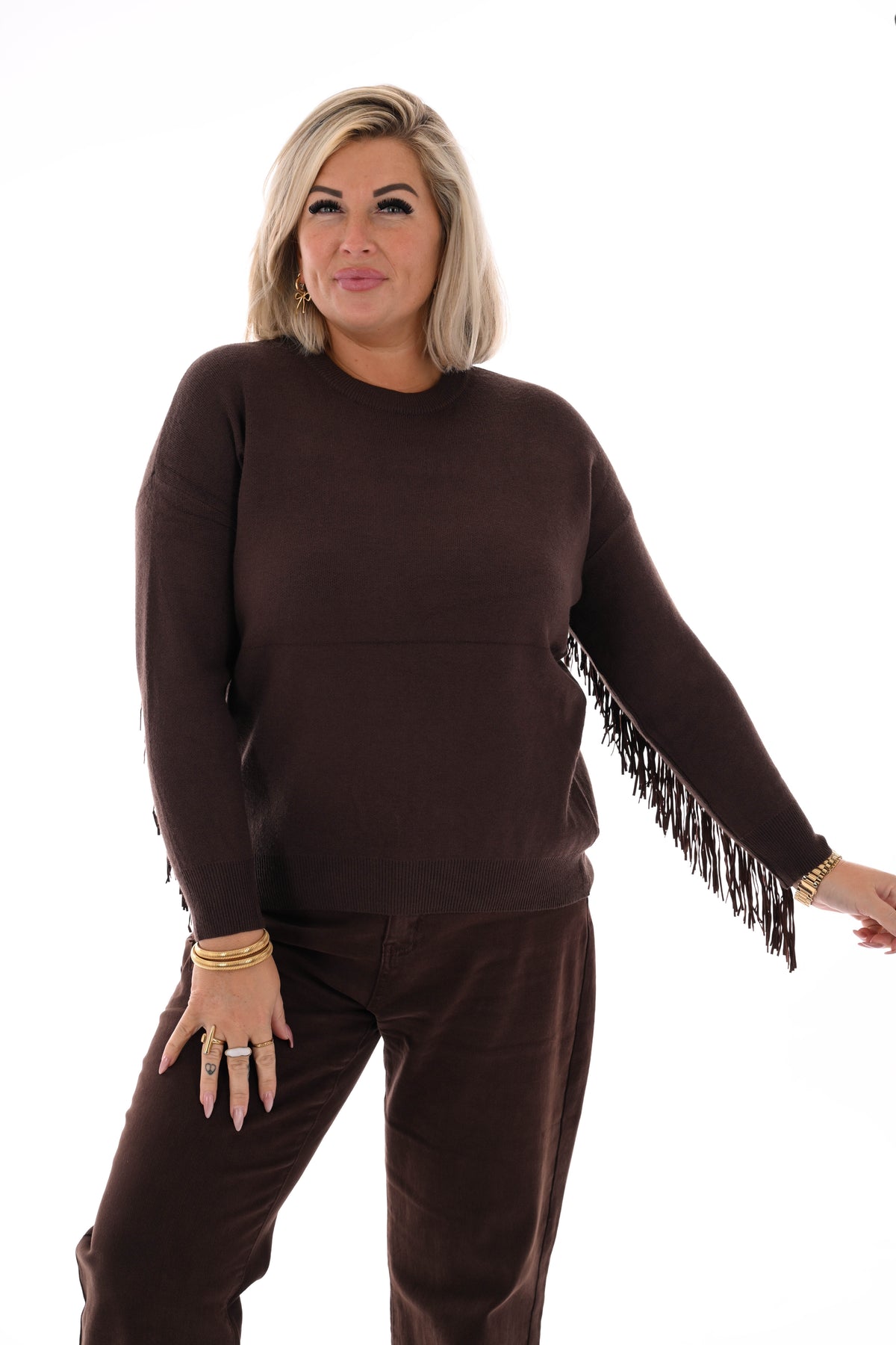 Trui ronde hals franjes met studs bruin