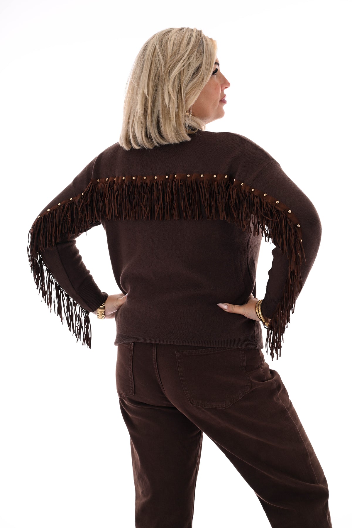 Trui ronde hals franjes met studs bruin