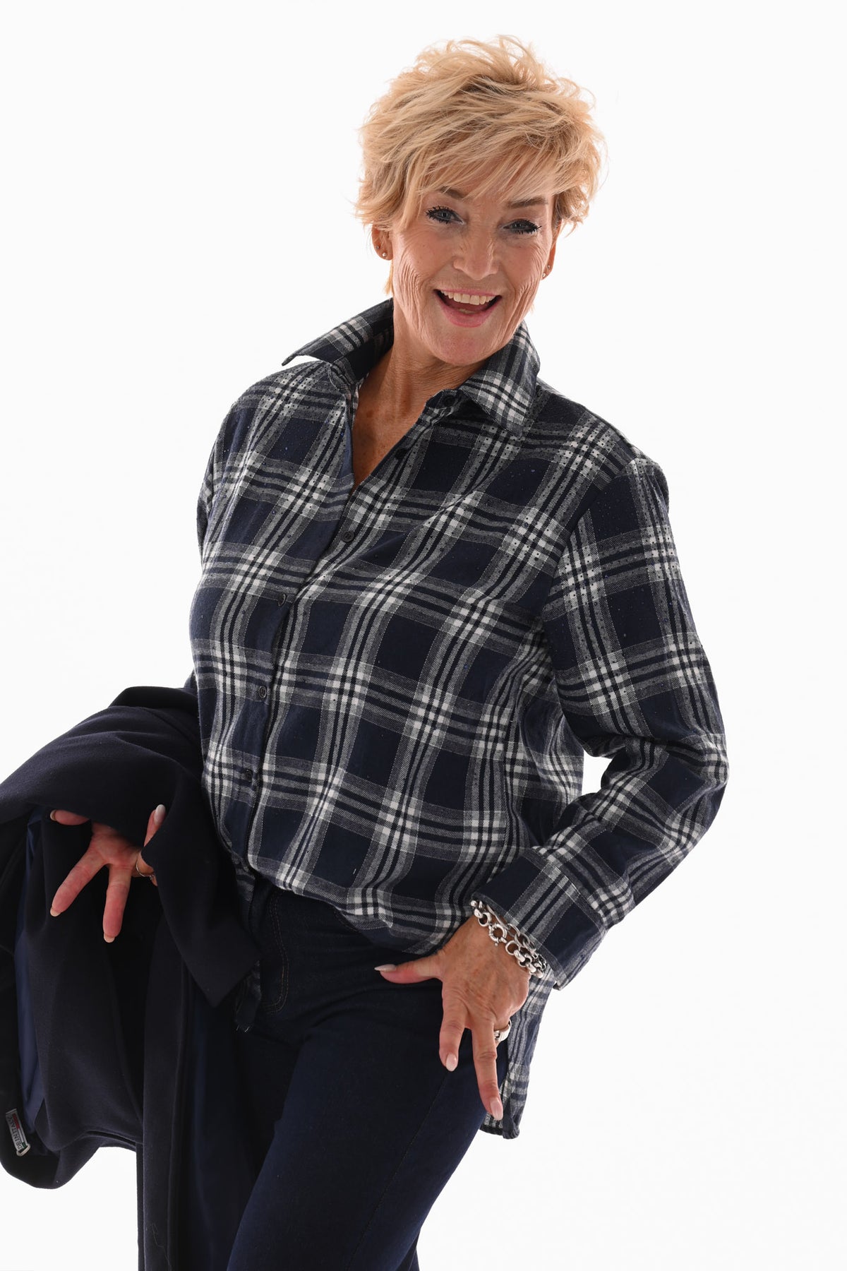 Houthakkers blouse met strass marineblauw