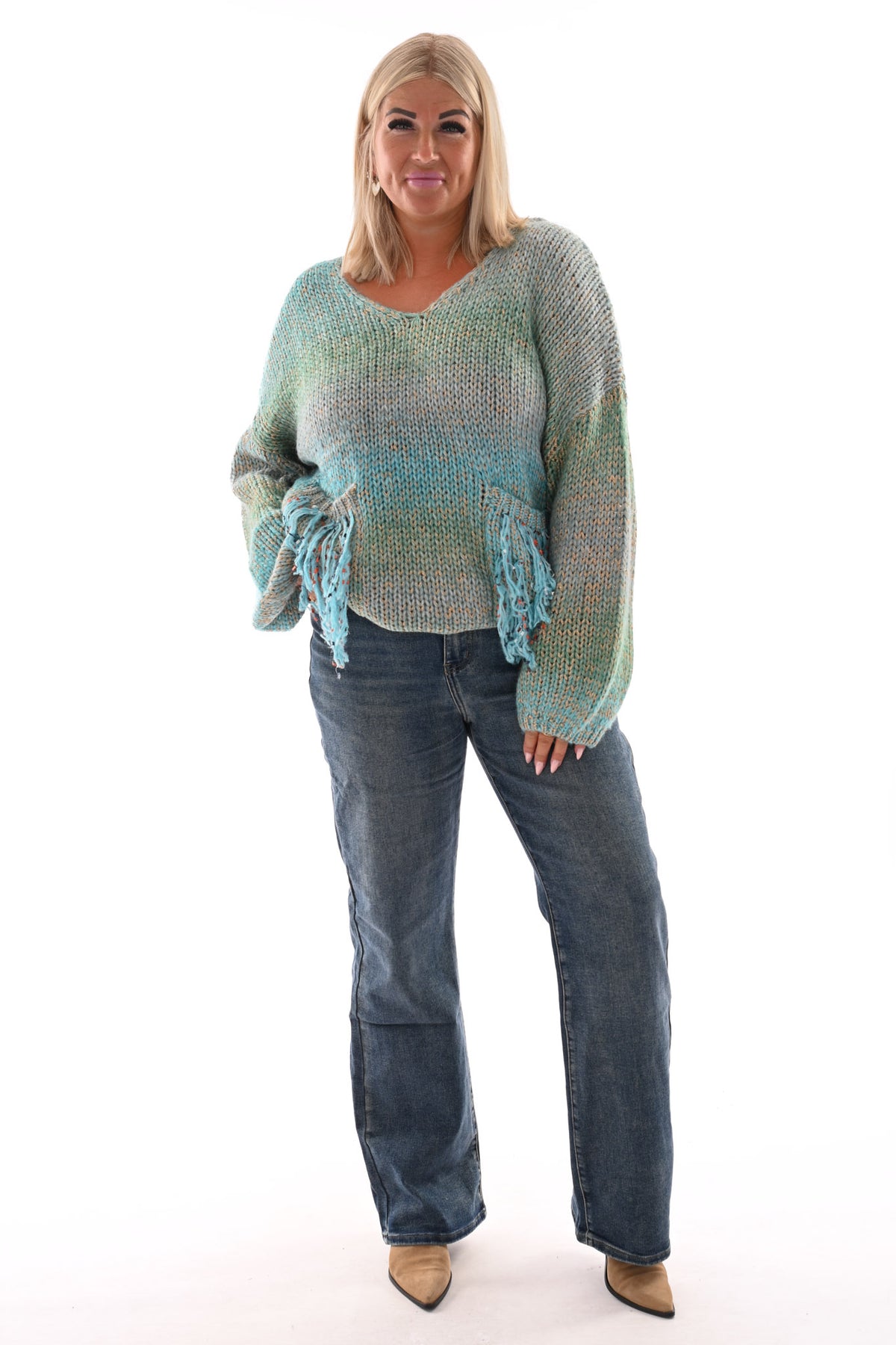 Gebreide trui gekleurd met franjes blauw