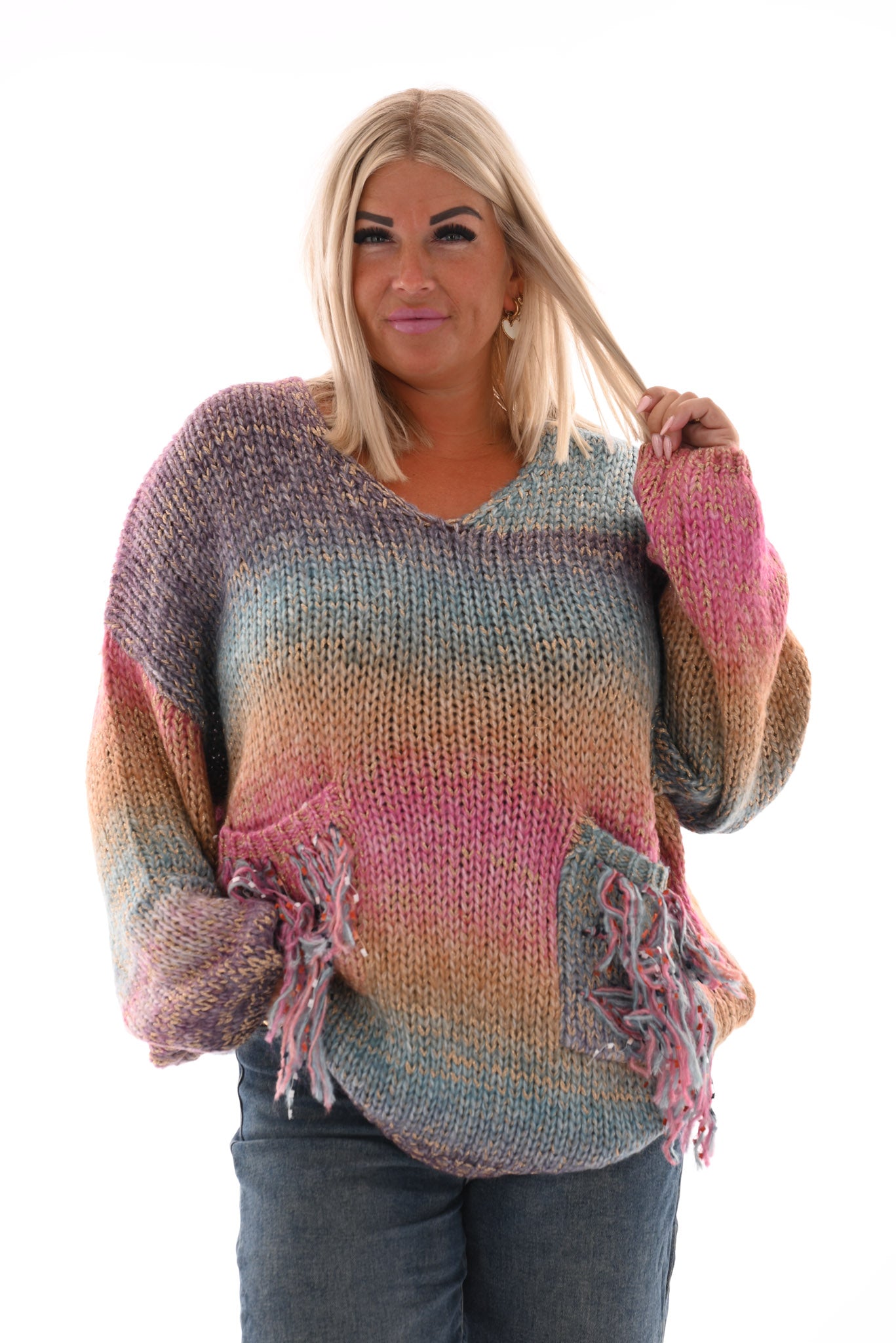 Gebreide trui gekleurd met franjes paars/roze