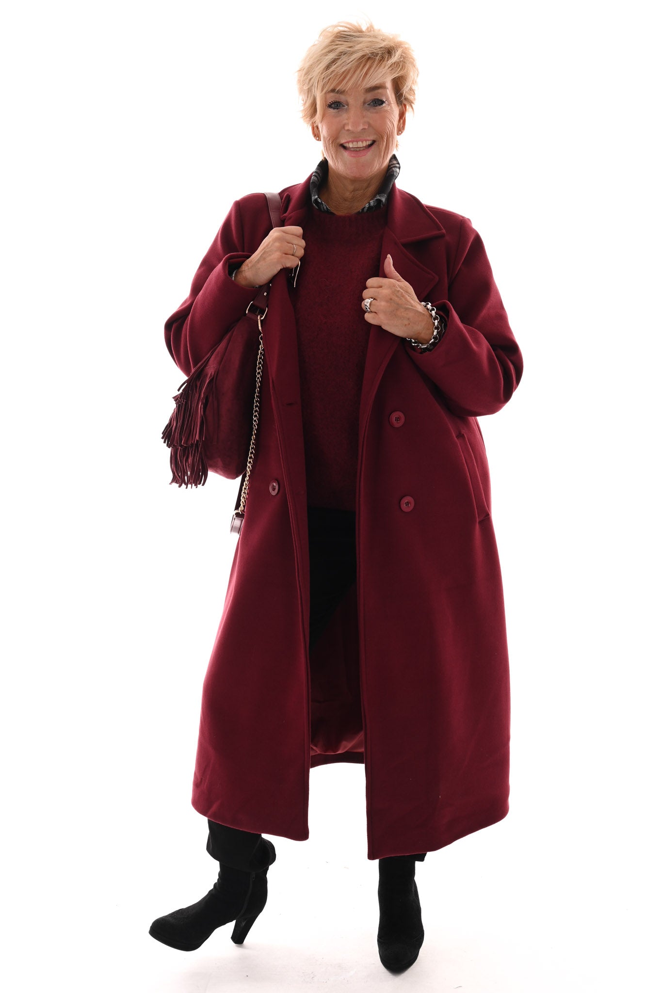 Mantel jas lang met knopen bordeaux