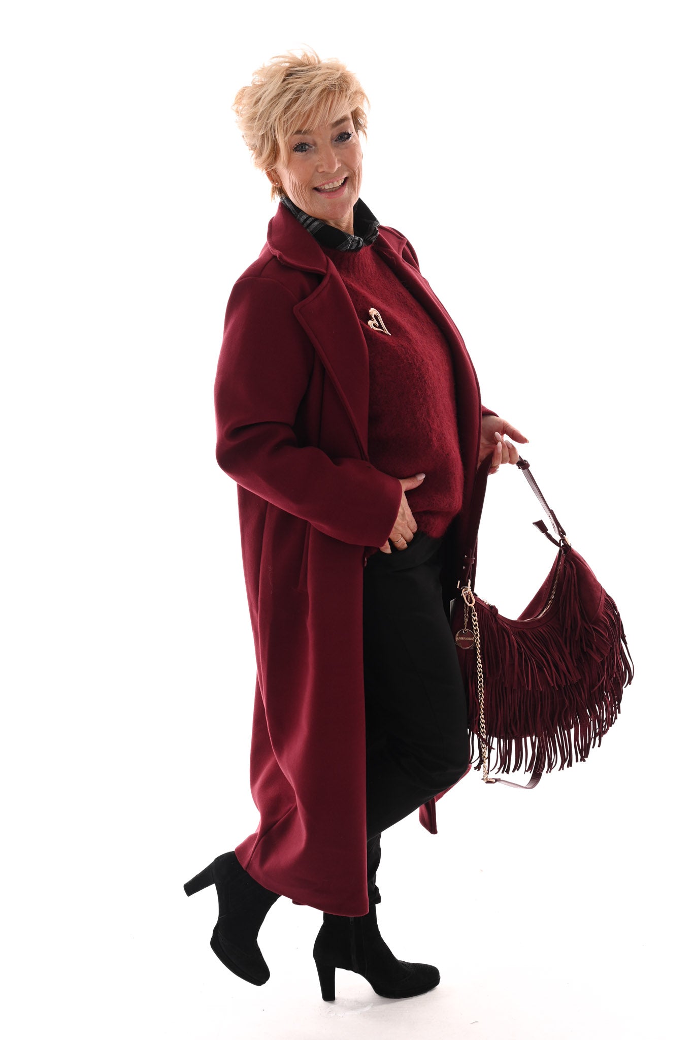 Mantel jas lang met knopen bordeaux